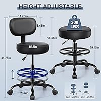 Vista 3 de Silla de dibujo con respaldo, taburete ajustable con ruedas, taburete giratorio de piel sintética para oficina, spa, estudio, mostrador de Negro