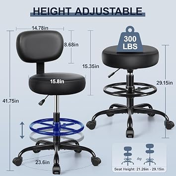 Brick Attic Drafting Chair with Backrest Adjustable Foot Rest Rolling Stool with Wheels, PU Leather Swivel Stool for Office Spa Studio Lab Counter Salon Home Work Bar Kitchen Shop(Black)