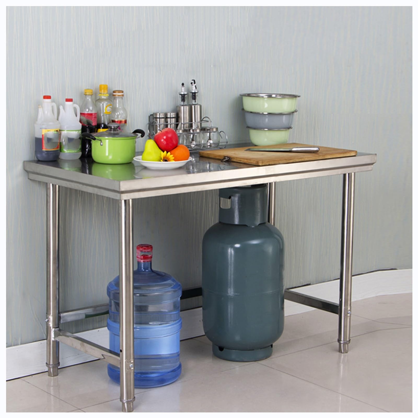 Banco de Trabajo Desmontable de Acero Inoxidable Reforzado Mesa de Preparación de Cocina con Patas Ajustables Mesa de Embalaje para Almacén con Refuerzo Triangular