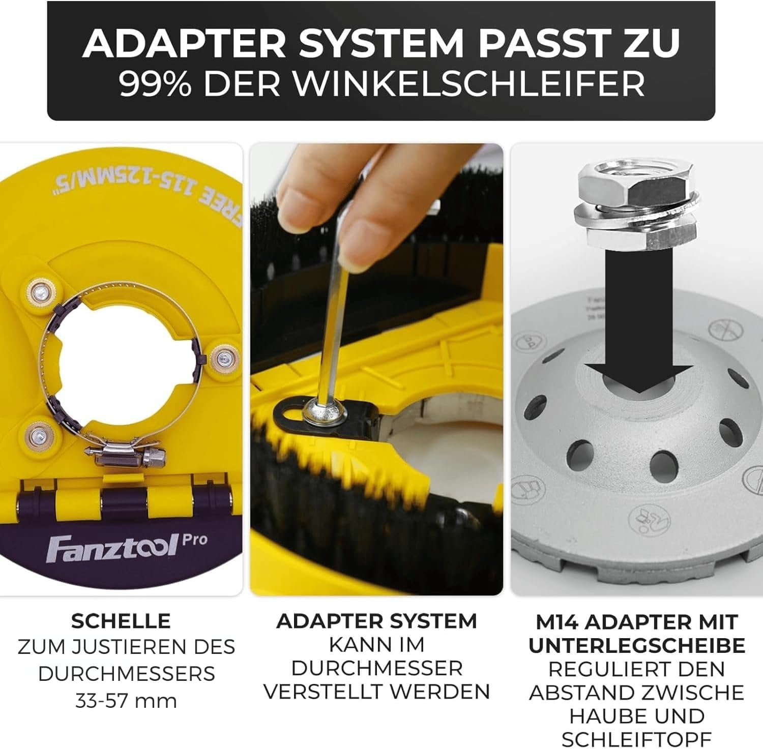 FANZTOOL 3.Generation Absaughaube für Winkelschleifer inkl. 125 mm Diamantschleiftopf PROFI QUALITÄT – Bürsten Auswechselbar – 99% Universal passend – Verstärkter Adapterring – M14 Adapter