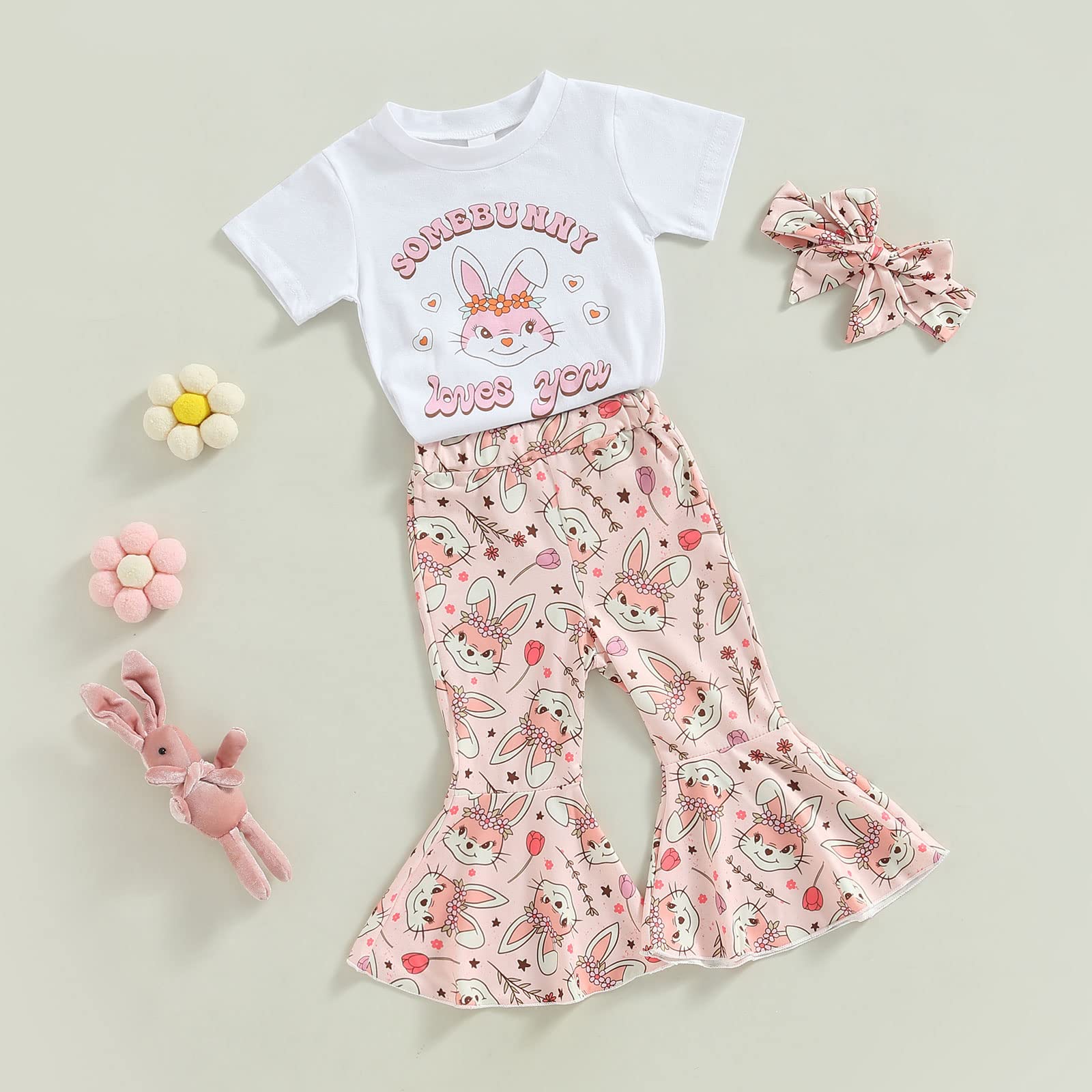 Toddler Baby Girl Summer Clothes Cute Bunny Print Short Sleeve T-Shirt Floral Flare Bell Bottom Pants Easter Outfits (White Some Bunnt Loves You,12-18 Months)