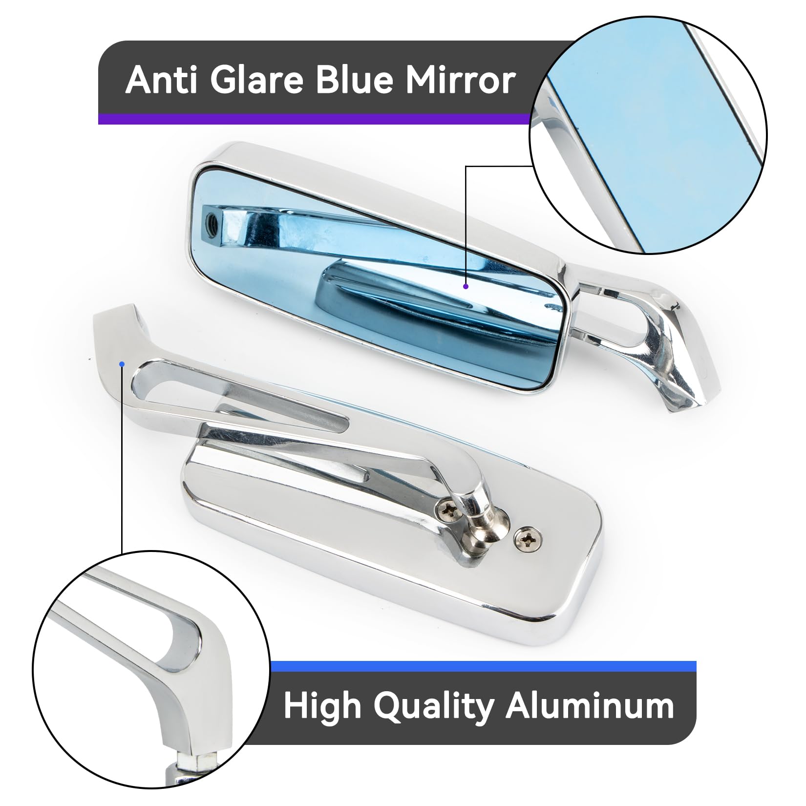 PSLER Specchietti Retrovisori Laterali Rettangolari per Moto - 8mm/10mm Adatti per Road Glide Street Glide Sportster 48 883 120 Chopper Softail Bobber Cruiser (Argento)