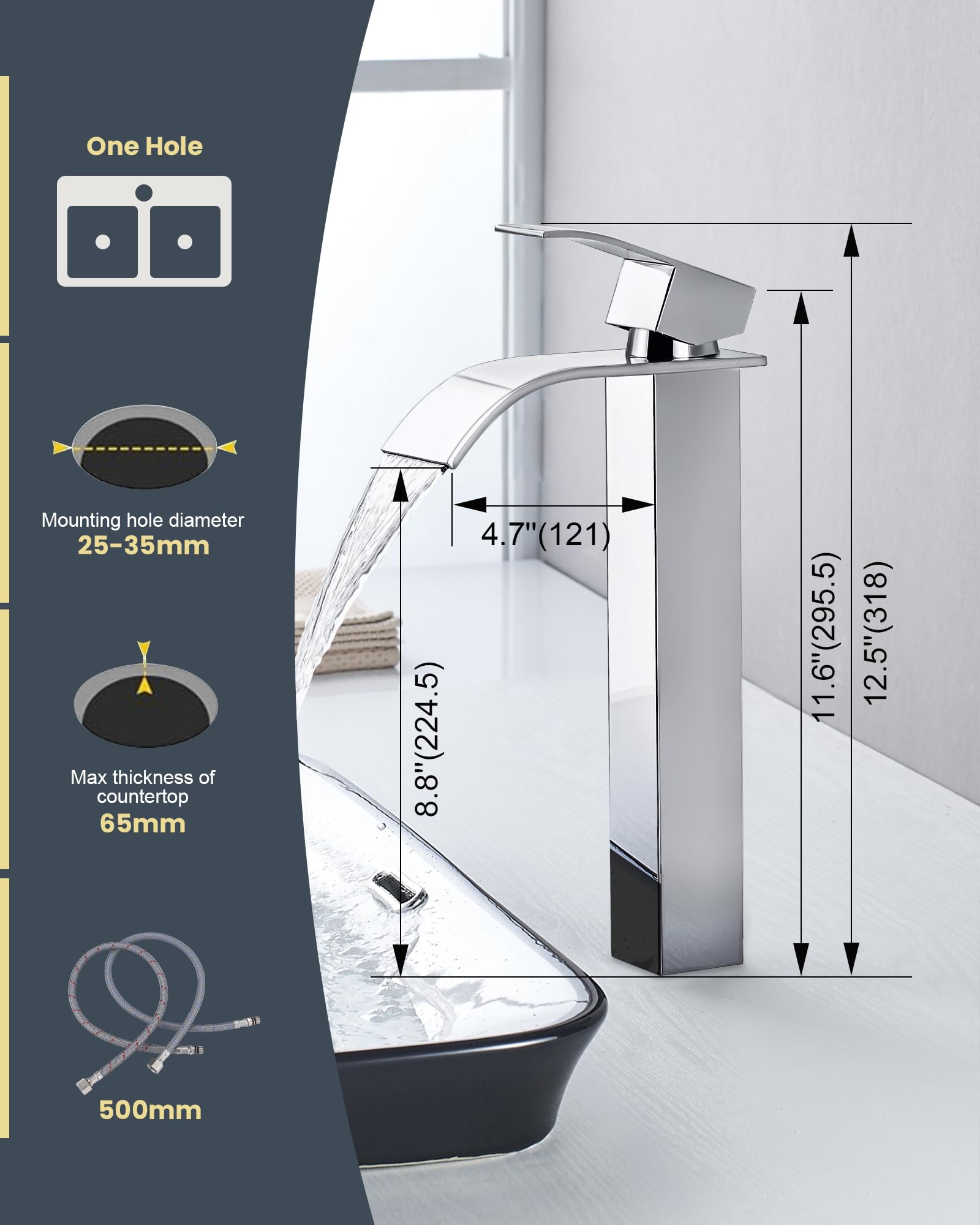 Rubinetto bagno, miscelatore lavabo a cascata in cromo con altezza scarico 224MM, miscelatore monocomando in acciaio inossidabile, rubinetto per lavabo con tubo di collegamento da 60cm
