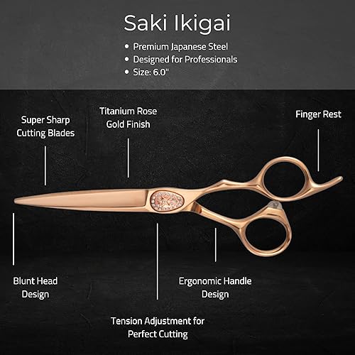 Miniatura 6 de Saki Shears Ikigai Gold - Tijeras de pelo doradas para peluqueros profesionales de 6 pulgadas, acero 440C, corte afilado, duraderas (juego de