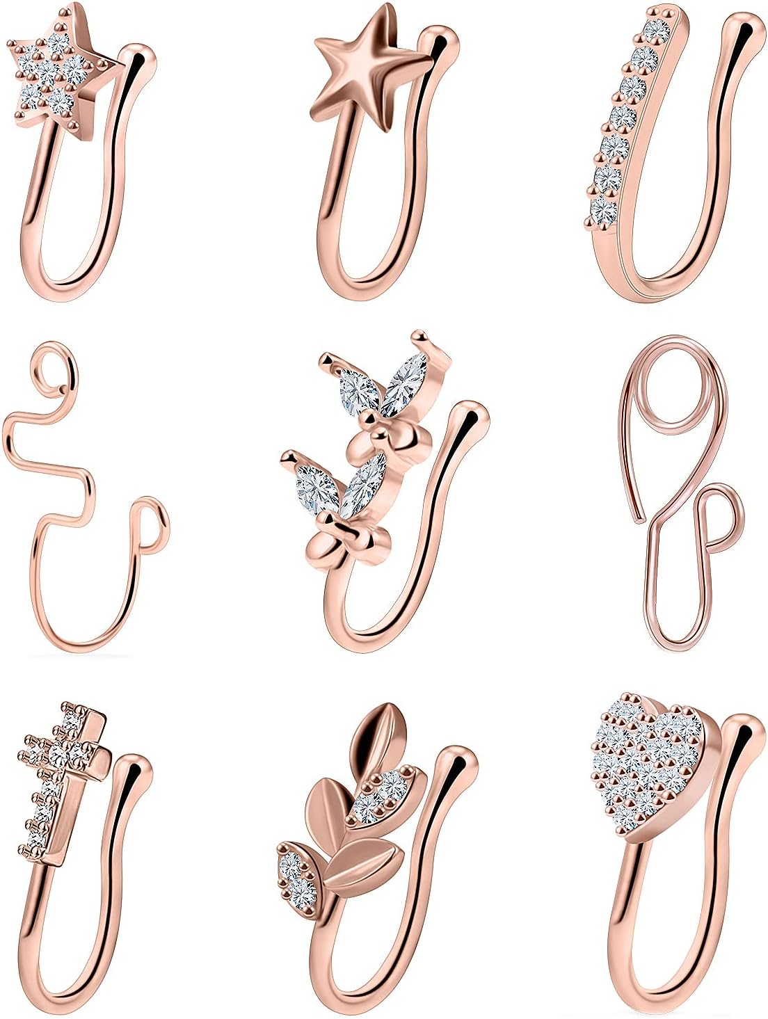 Vsnnsns Fake Nose Rings for Women Clip On Nose Ring Stainless Steel Nose Cuffs Faux Nose Ring Non Fake Nose Piercing for Women Men Black Rainbow Rose Gold 9PCS
