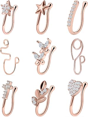 Vsnnsns Fake Nose Rings for Women Clip On Nose Ring Stainless Steel Nose Cuffs Faux Nose Ring Non Fake Nose Piercing for Women Men Black Rainbow Rose Gold 9PCS