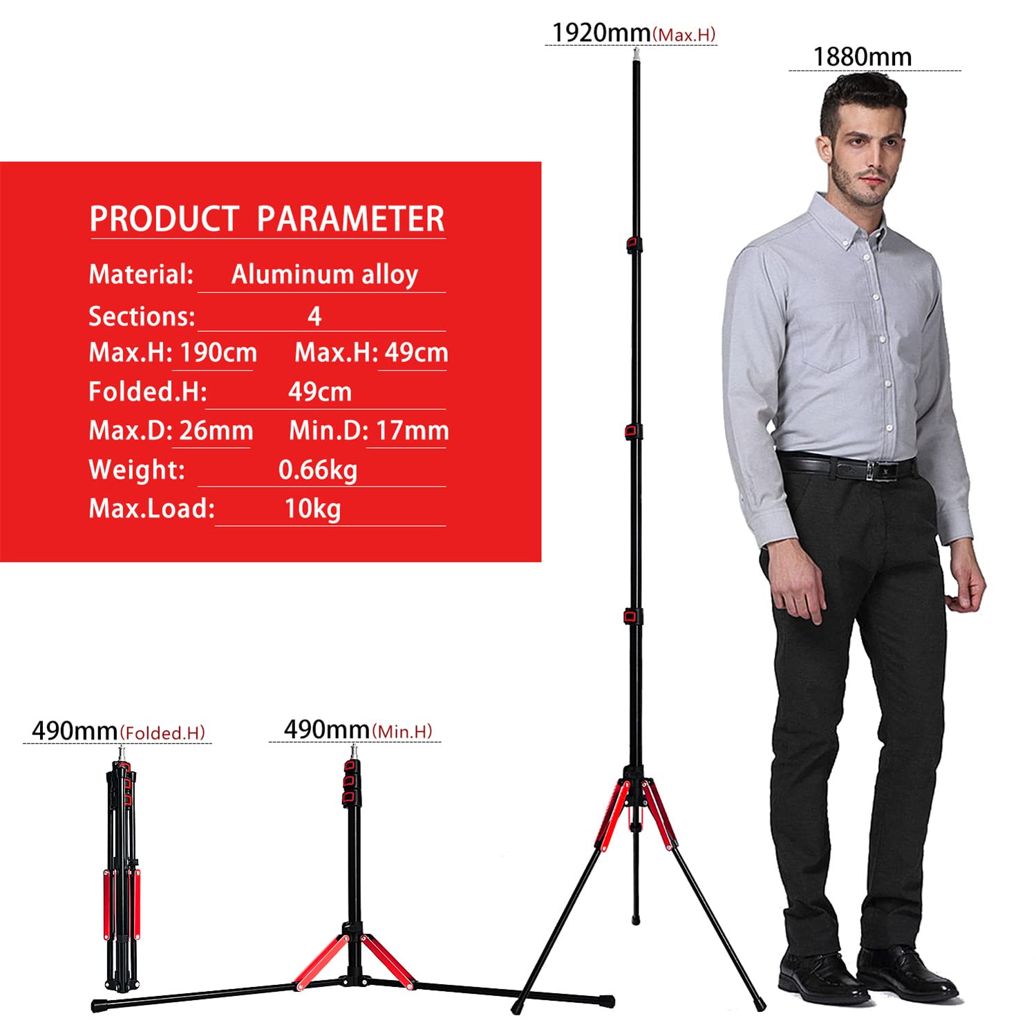 FOSOTO Trípode de luz plegable, altura máx. 192 cm, soporte compacto y ligero, de aluminio, con tornillo de rosca de 1/4", trípode de luz estable, soporta 4 kg, luz de anillo, reflector