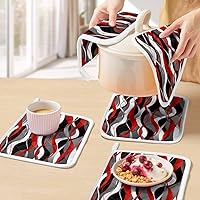Vista 5 de Juego de 2 soportes para ollas de color rojo y negro, aislamiento térmico, almohadillas calientes geométricas grises y agarraderas para cocina, arte