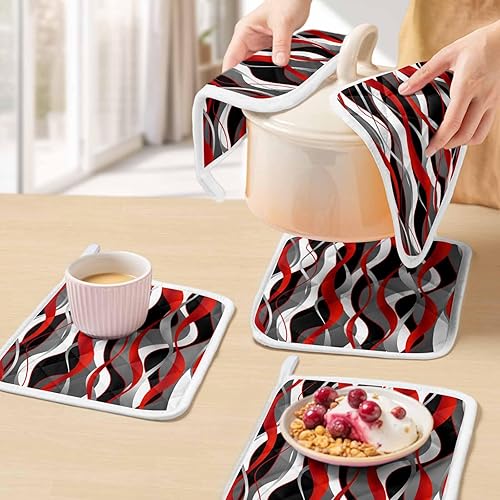 Miniatura 5 de Juego de 2 soportes para ollas de color rojo y negro, aislamiento térmico, almohadillas calientes geométricas grises y agarraderas para cocina, arte
