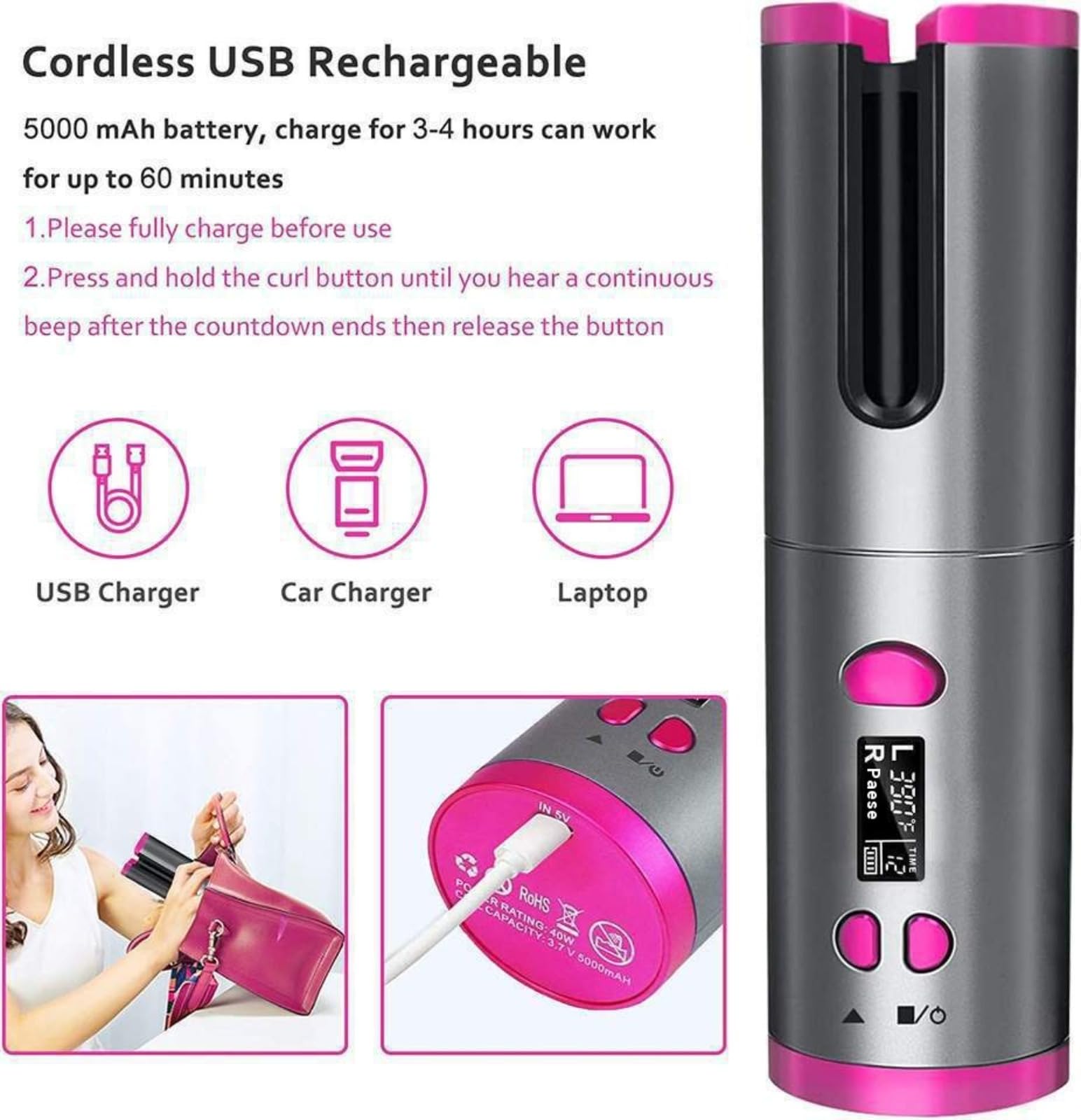 Mini rizador Rizador de pelo recargable inalámbrico Plancha corrugada automática Rizador de pelo automático que libera las manos Control de temperatura de 6 velocidades
