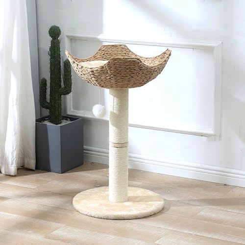 Vista 44 de SHENGOCASE Torre de árbol para gatos con cesta de mimbre de ratán, 3 cestas nido grandes tejidas a mano, percha de ventana para gatos grandes