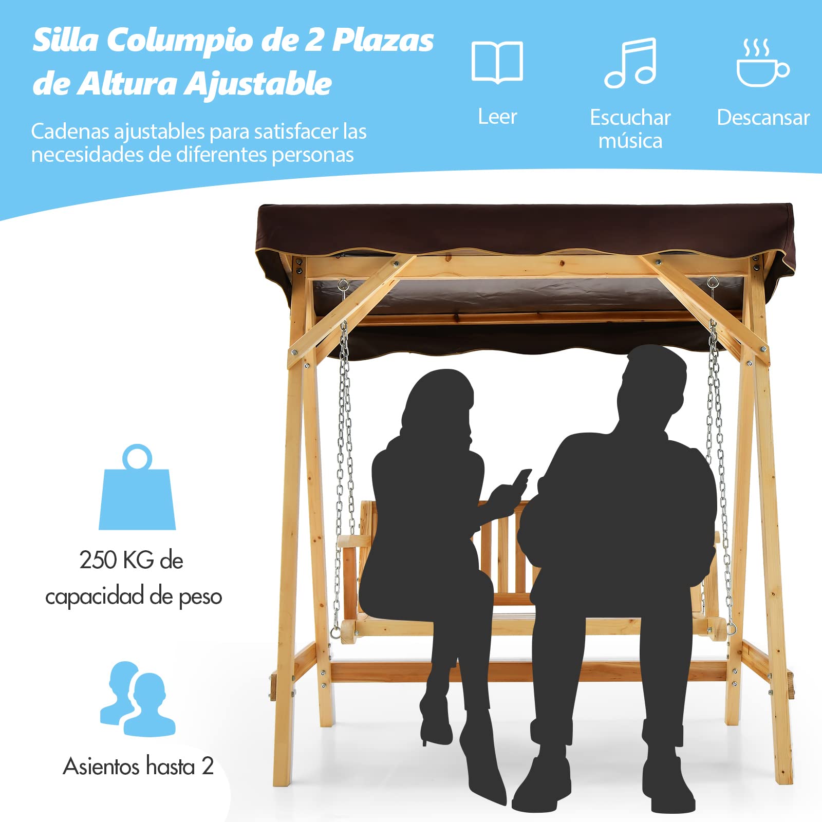 COSTWAY Columpio Balancin Jardin de Madera 2 Plazas,Toldo Ajustable, Silla de Madera de Columpio de Patio hasta 240kg, 175x106x182 cm, Porche, Patio Trasero, Balcón (con toldo)