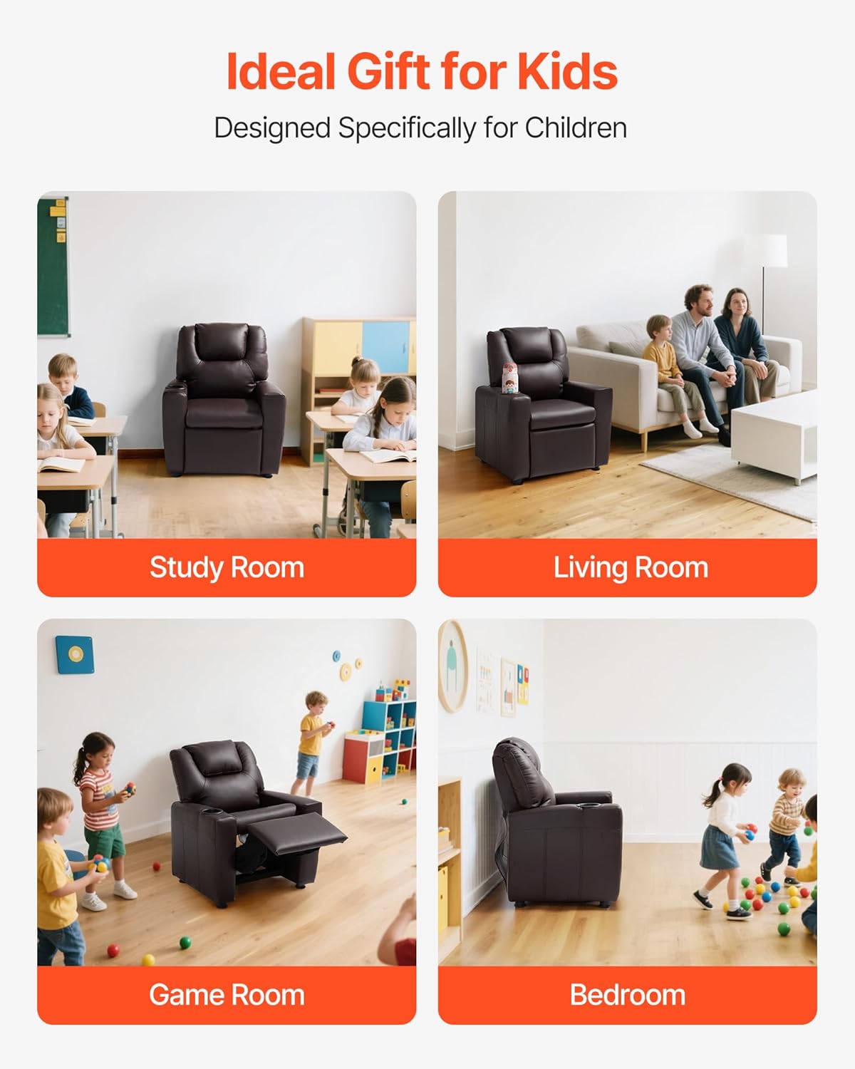 VEVOR Kids Reclining Chair, Toddler Recliner with Cup Holder, 101° to 121° Adjustable Backrest, Easy-to-Clean PU Leather Recliner Couch with Footrest, 90 lbs Load, for Boys & Girls, Children (Brown)
