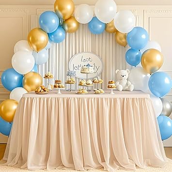 FANPROMS Champagne Table Skirt for Rectangle Round Tables 6FT 2 Layer Tulle Table Skirt for Wedding Party Fitted Desk Tables Skirts for Wedding Ceremony Banquet Birthday Decor
