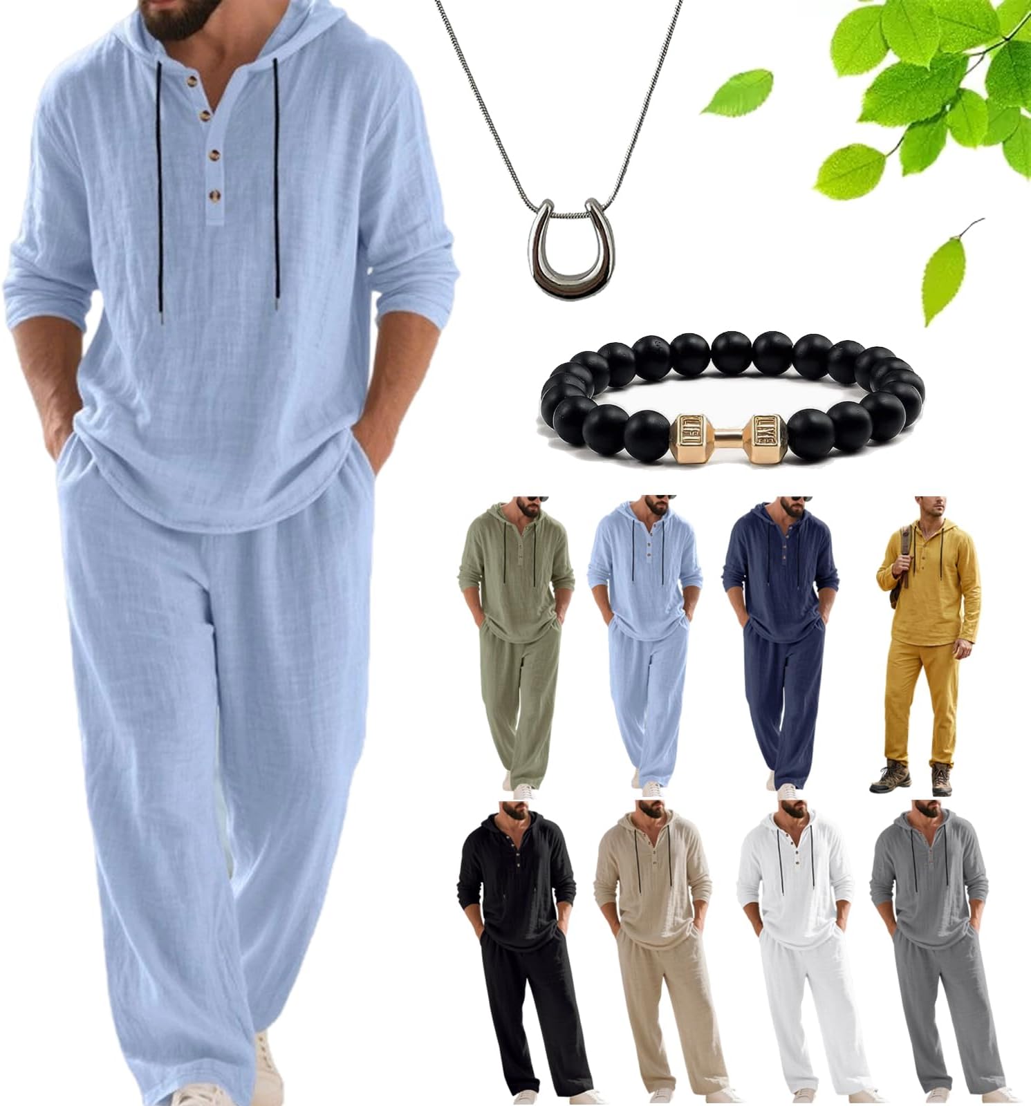 Men's Linen Hooded Casual Loose Top & Pants 2-Piece Set, Hooded Casual Loose Top & Pants Drawstring Daily Wear