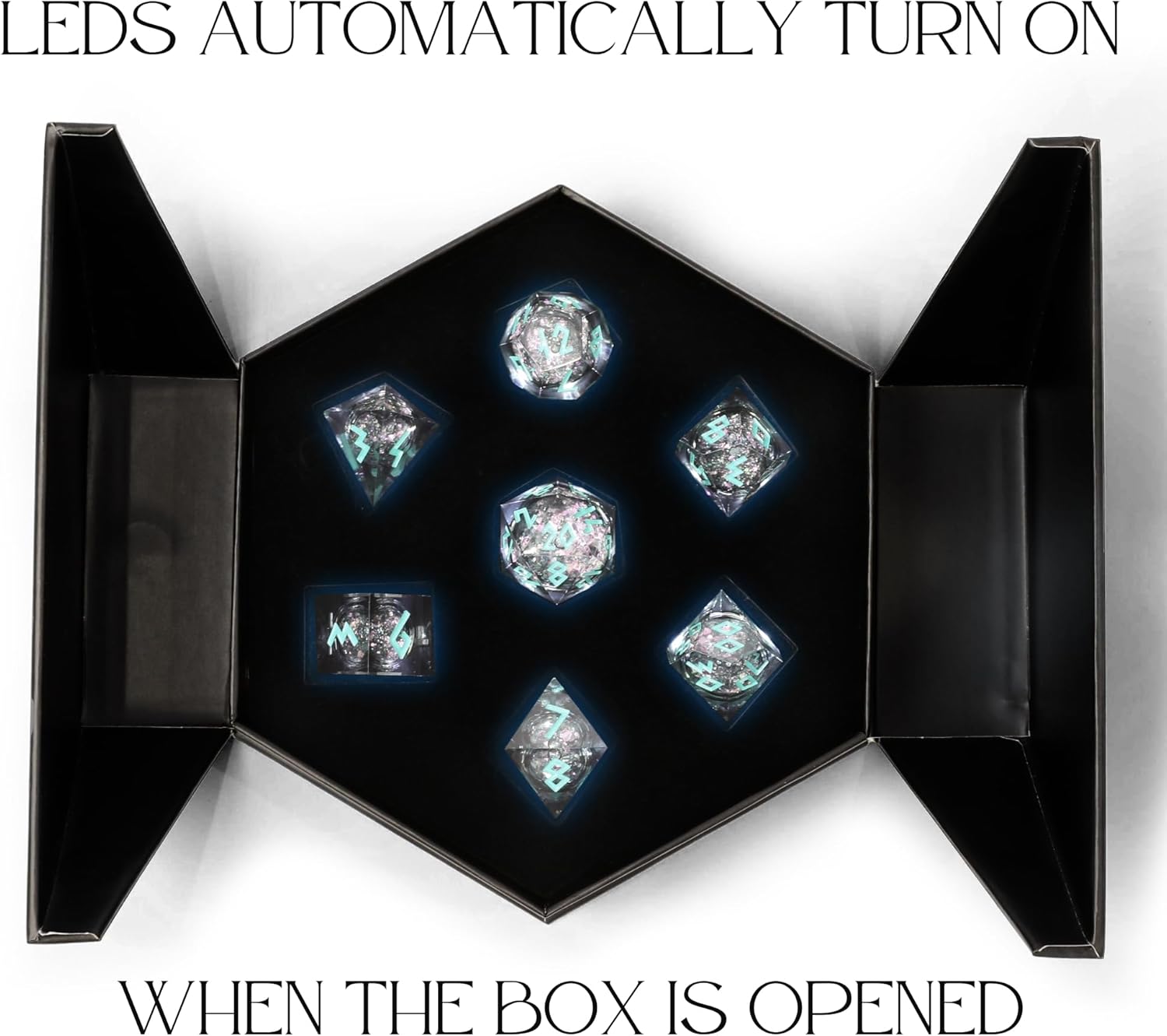 HEIMDALLR Liquid Core Dice Set with First Ever LED Display Case - 7-PC Hand-Painted Sharp Edge DND Dice Set with Gift Dice Box - Resin Dungeons and Dragons Dice Set (D&D Dice Set) (Midnight Sea)
