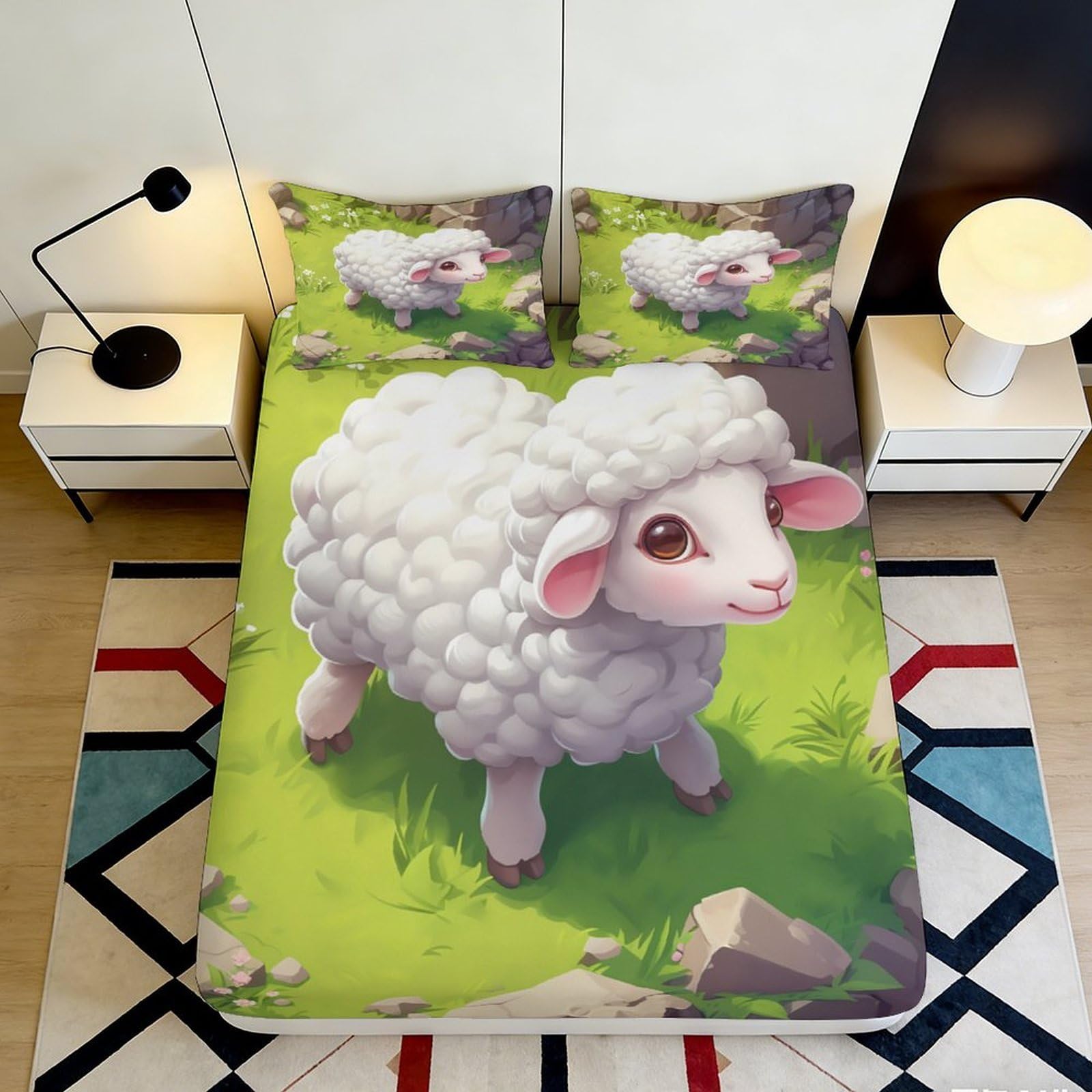 3D Printed Cute Sheep Fitted Sheet Microfiber Soft Non-slip Pastoral Meadow Bed Cover for Bedroom Dorm Mattress Protection Decor 90x200x25cm