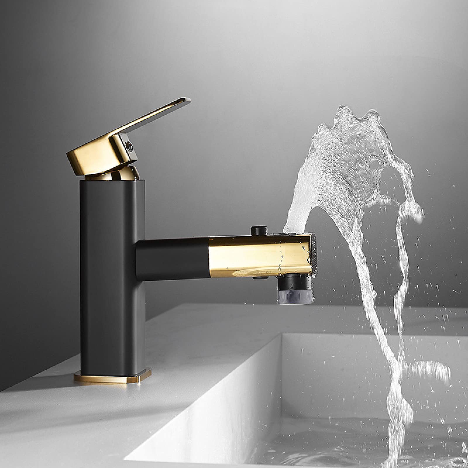 HADECOLL Modern Pullout Bathroom Faucet With Hand Shower Single Handle Mixer Tap For Sink White & Gold Finish Stylish And Functional Washbasin Fixture,Schwarz+Gold-Niedrig
