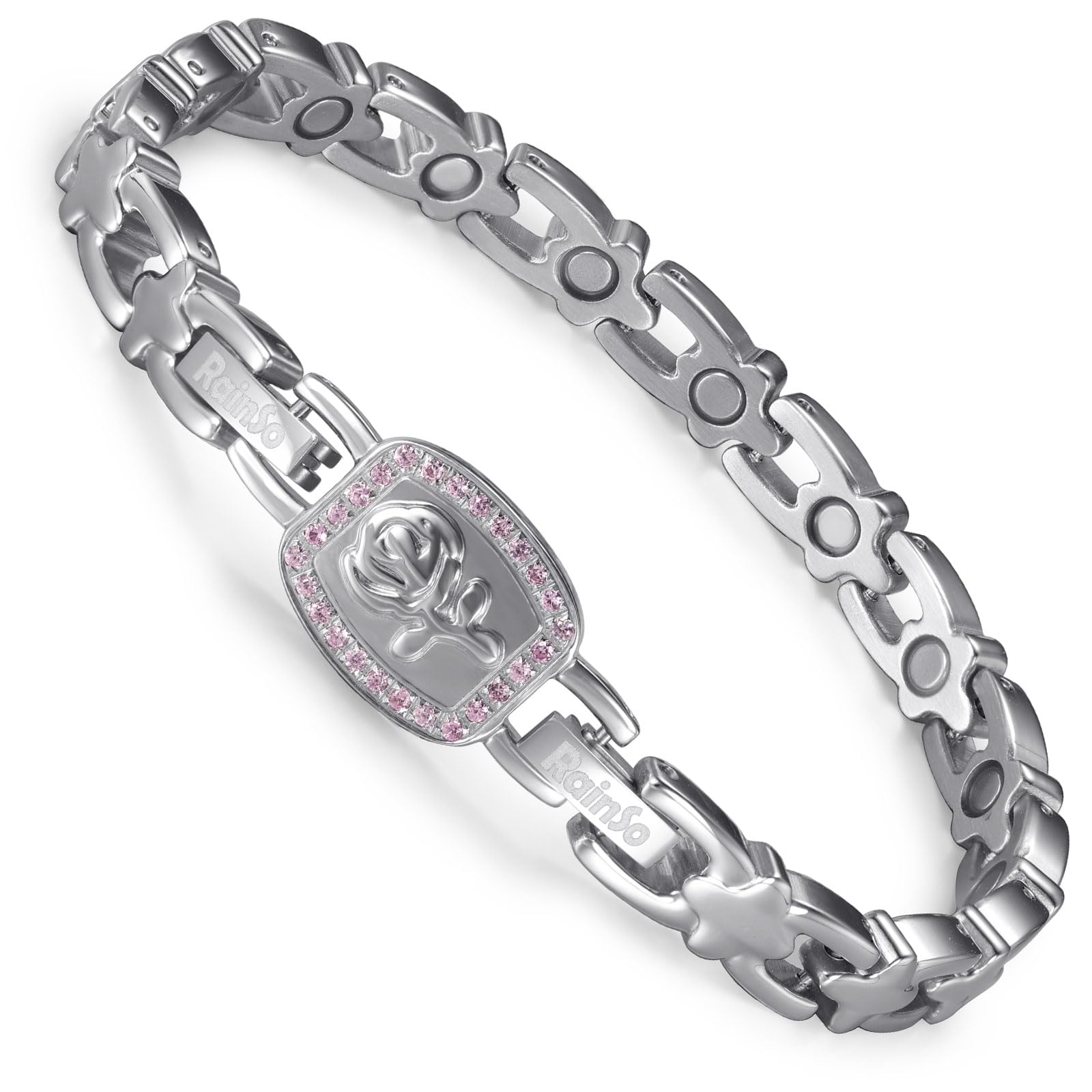 RainSo Bracelet magnétique pour femme - Rose amovible - Bracelet 2 en 1 en acier inoxydable avec double design de port - Taille réglable - Avec outil de réglage et boîte cadeau (rose)