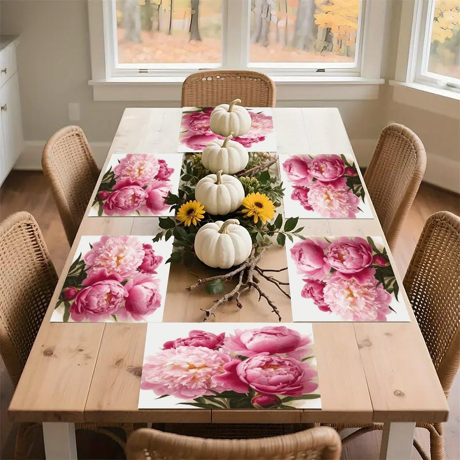 Peony Flowers Blossom Placemats Heat-Resistant Washable Place Mats Anti Slip Dining Table Place Mats Wipeable Dining Table Mats Kitchen Decoration Placemats 17.7’’×11.8’’