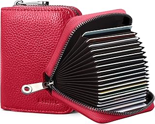 Linno RFID 20 Card Slots Credit Card Holder Genuine Leather Small Card Case for Women or Men Accordion Wallet with Zipper (Red)