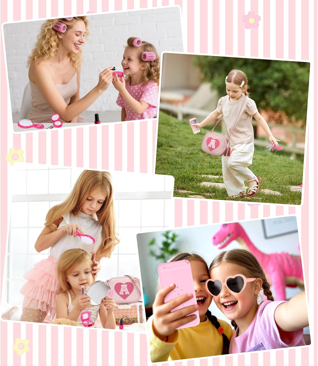 CBEE Little Girls Pretend Play Purse for 3-6 Years Old, Kids Toy Set with Crossbody Bag, Wallet, Makeup, Phone,Keys, Birthday for 3.4.5.6 Year Old Toddler (L)