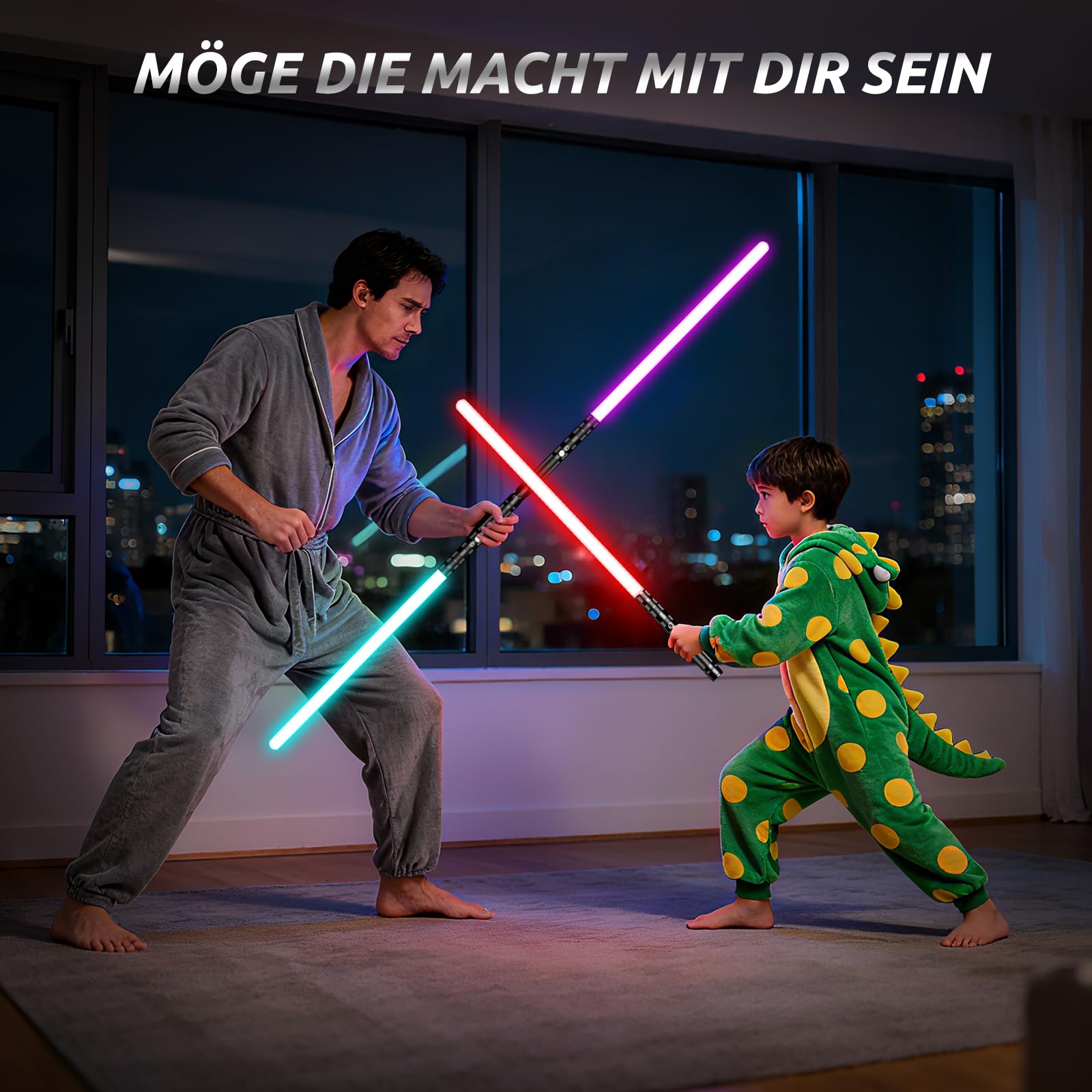 Laserschwert Kinder, 2 in 1 Lichtschwert Kinder, USB Lade RGB 16 Farben Lichtschwert Simulierter Filmkampf-Soundfonts für Geschenk Jungen, Halloween Party, Cosplay (2 Stück)