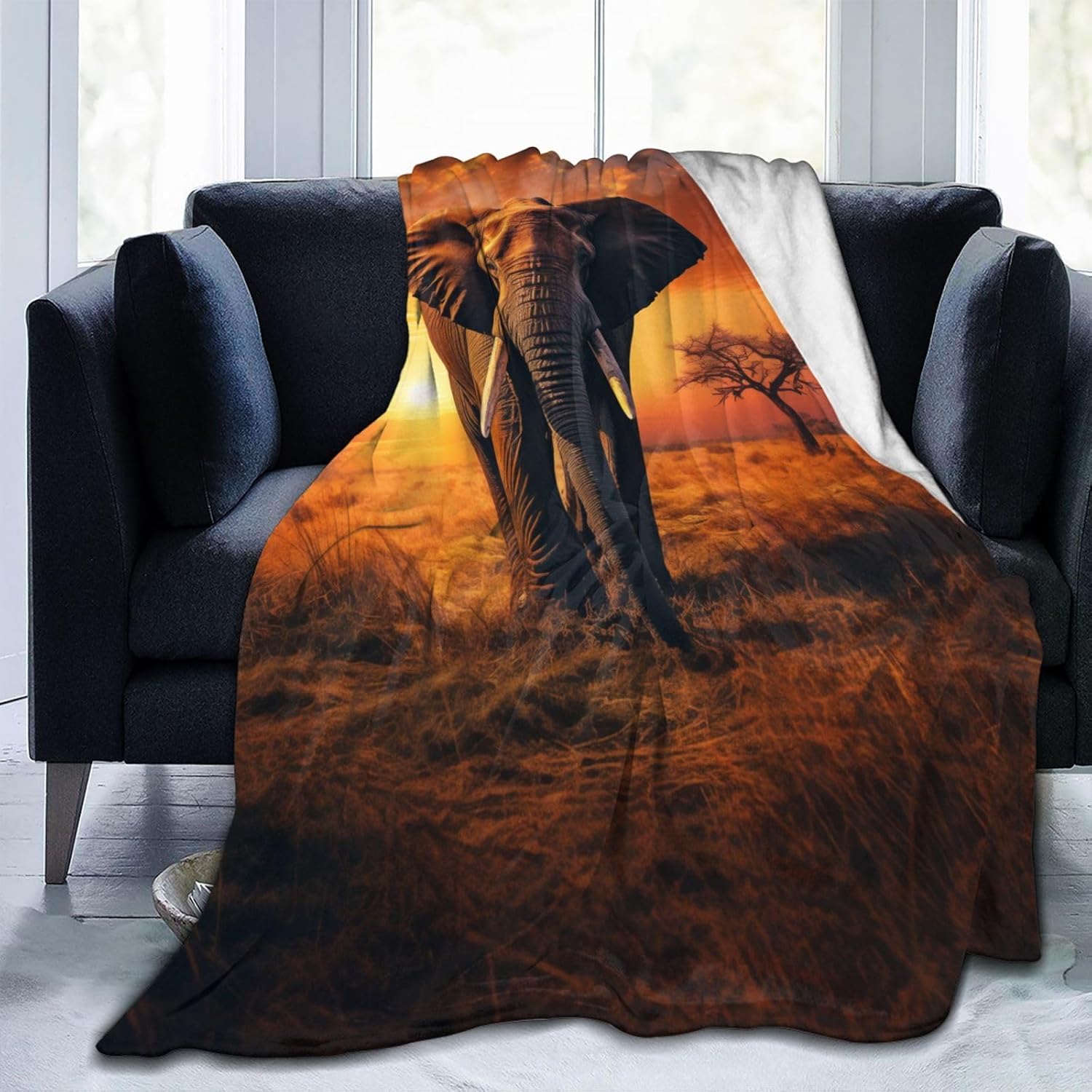 Elephant Prairie Sunset Blanket Gifts for Adults Women Soft Fuzzy Lightweight Flannel Throw Blankets for Home Decor Couch Bed Sofa 60x50 Inches - Image 4