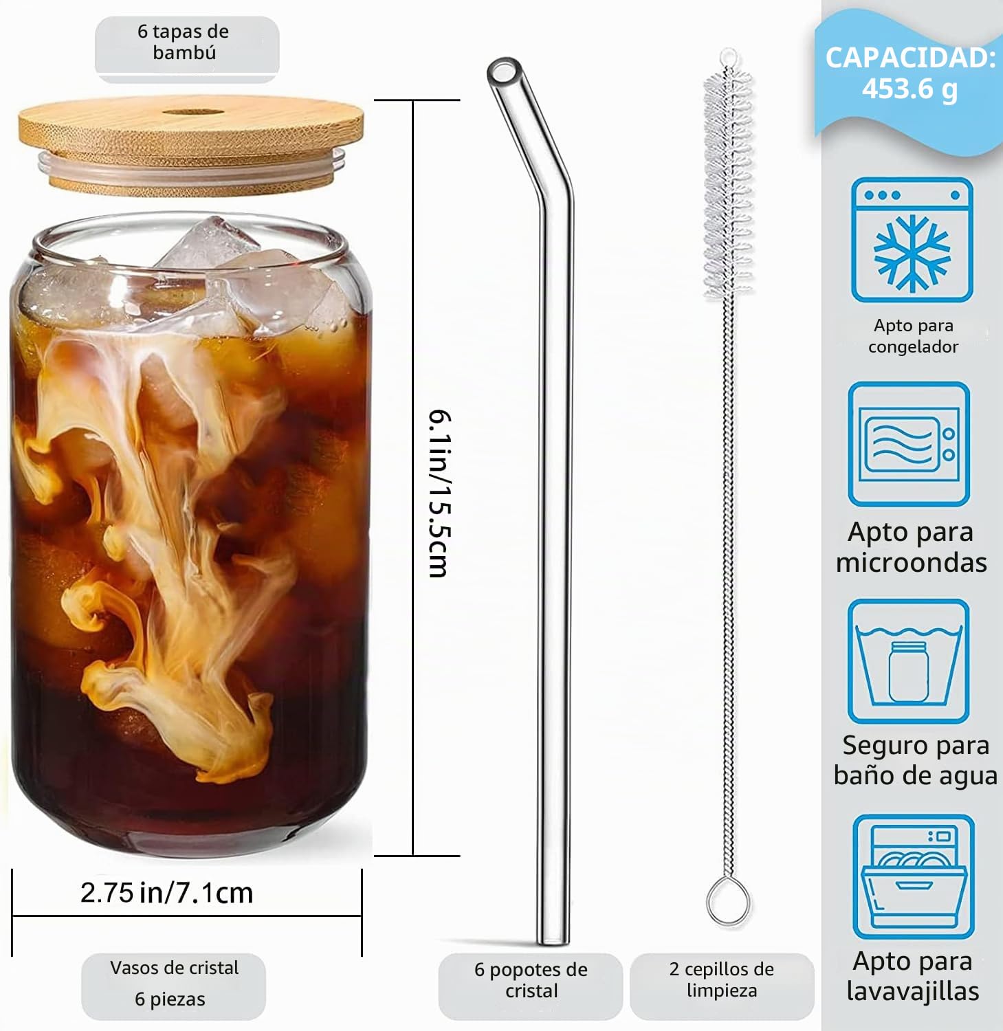 Vasos con tapa y pajita, vasos de café helado, 500 ml, vasos de cristal con pajita, vasos de cristal para batidos, latte, macchiato, whisky (6 unidades)