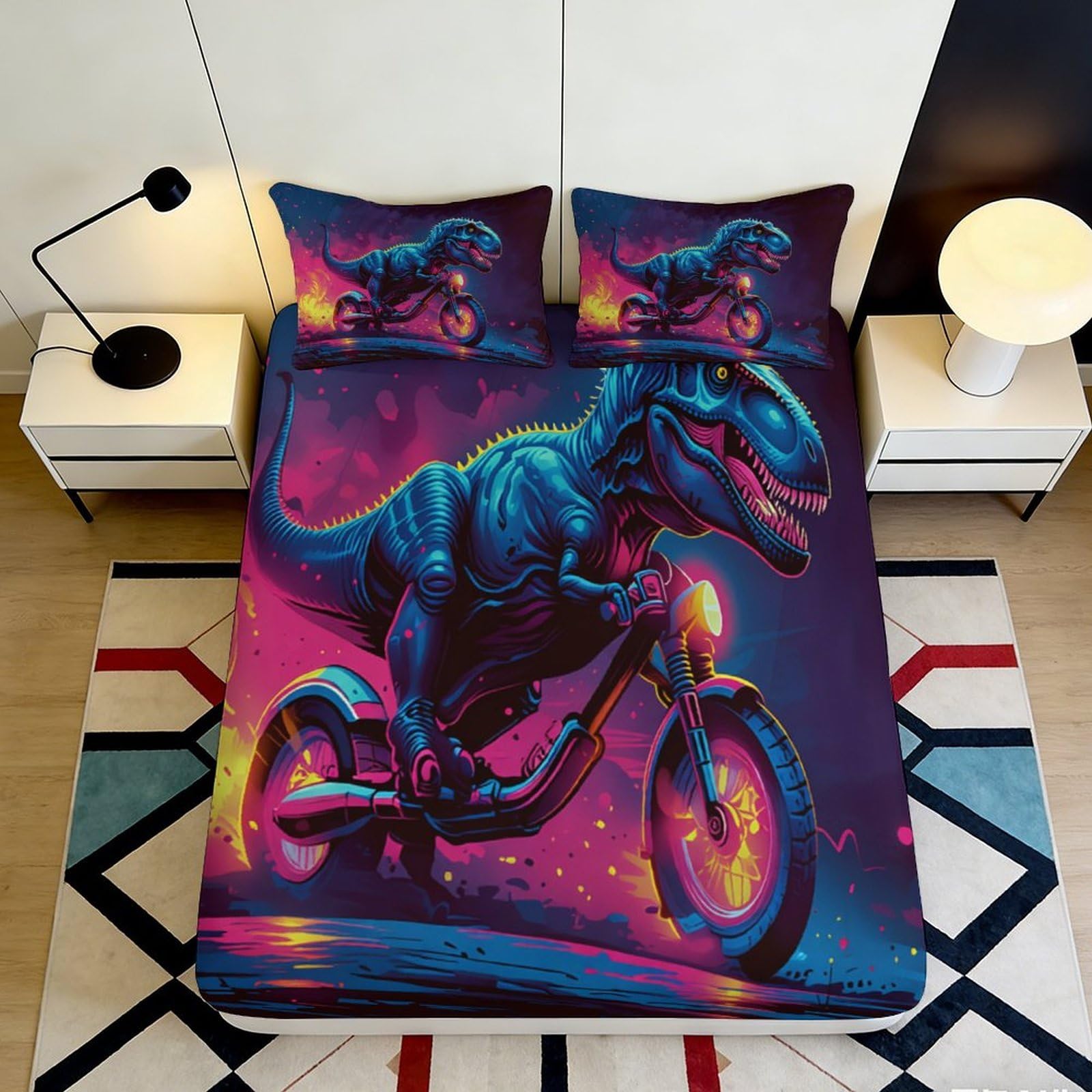 Dhbaneiok Style-7 3D Printed Neon Dinosaur Fitted Sheet Microfiber Anti-Slip Vibrant Bike Bed Cover For Bedroom Dorm Mattress Decor 90X200x25cm