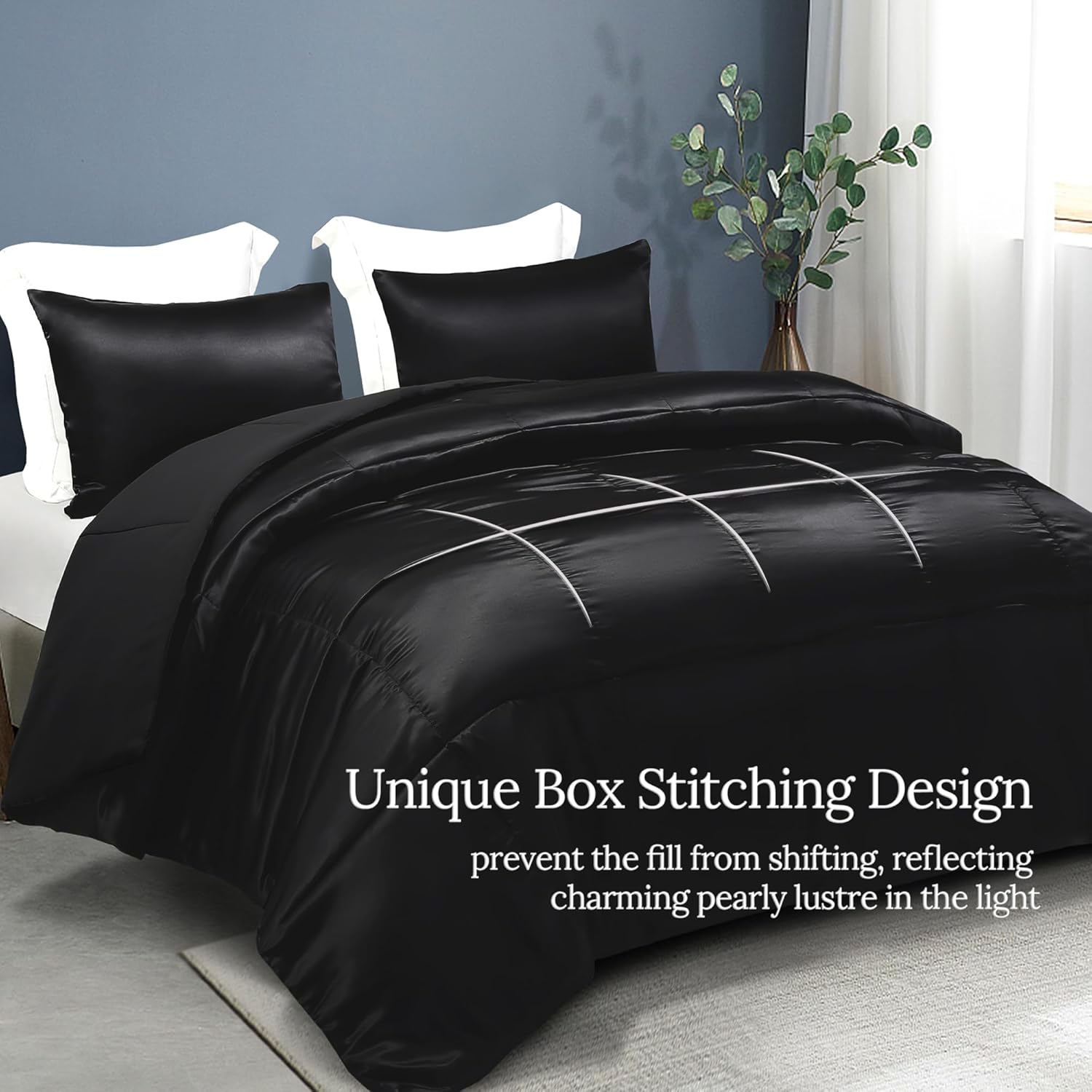 Whale Flotilla 3-Piece Reversible Silky Soft Queen Comforter Bedding Set, Luxurious Satin Comforters Full Size with 2 Satin Pillowcases, Lightweight Duvet for All Seasons, Black - Image 2