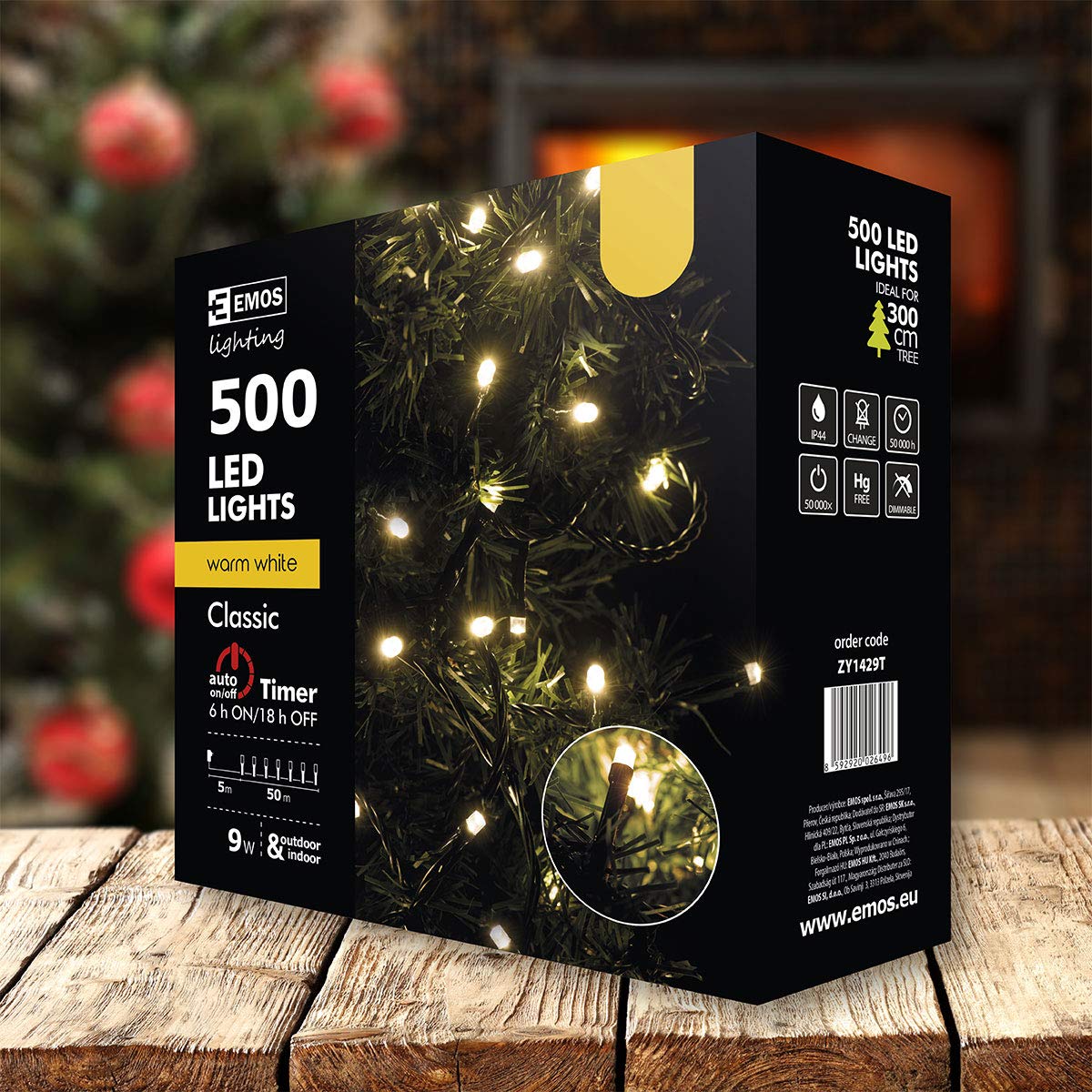EMOS Guirlande lumineuse LED type Classic Blanc Chaud, longueur 50 m, 500 LED, 230 V avec prise, avec fonction de minuterie, pour un usage intérieur et extérieur, protection IP44, Sapin de Noël