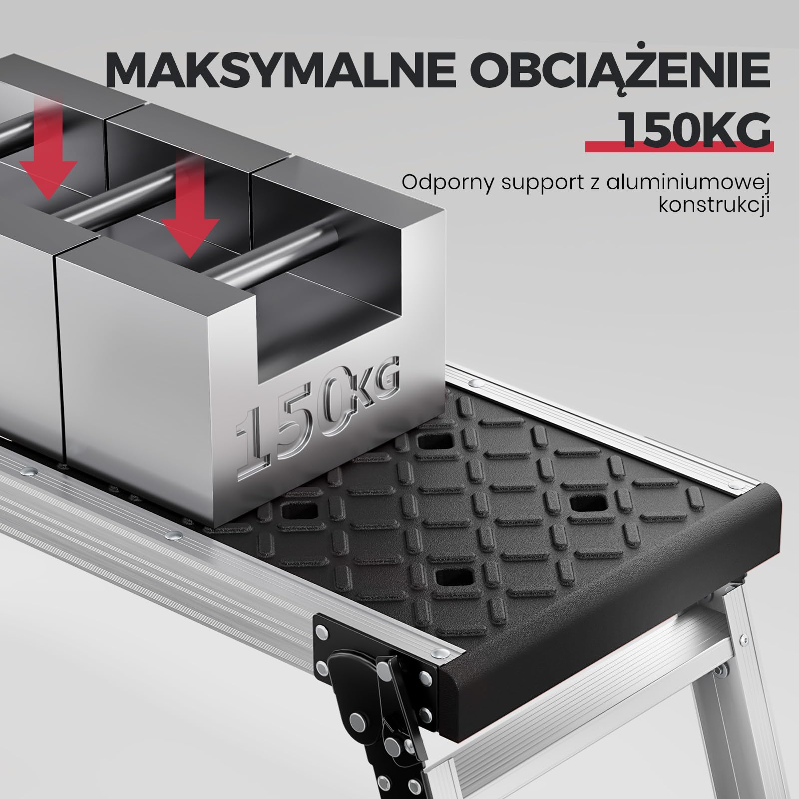 KINGRACK Składana platforma robocza, aluminiowa drabina schodkowa z antypoślizgowymi gumowymi nóżkami, lekka drabina schodkowa z zamkami bezpieczeństwa do domu i garażu – do 150 kg, czarna