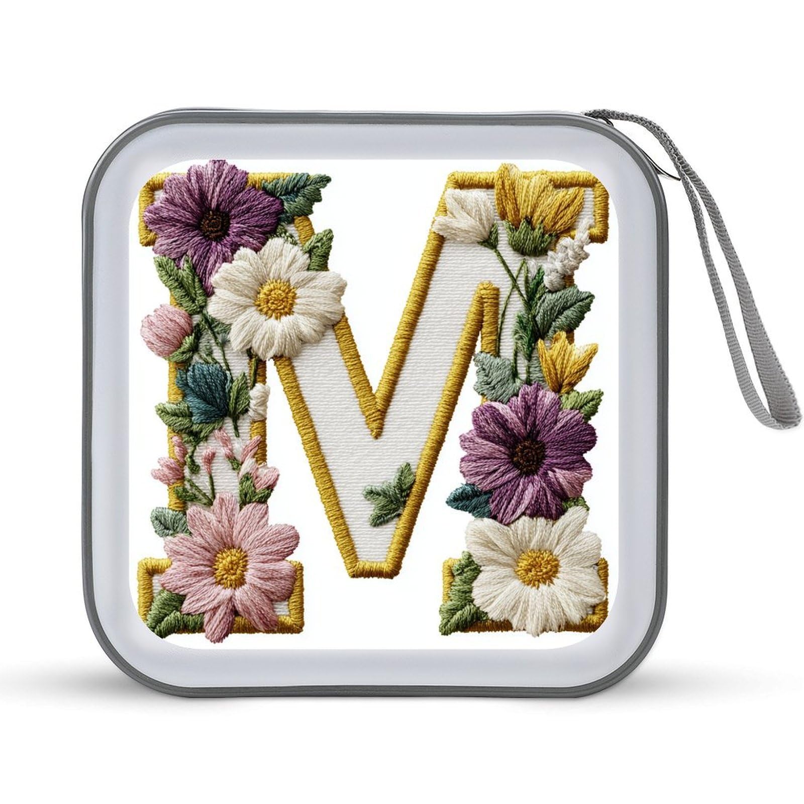 Jubonexis Embroidered Letters M with Flowers Leaves CD Case DVD Storage Case Portable for Car Home Travel