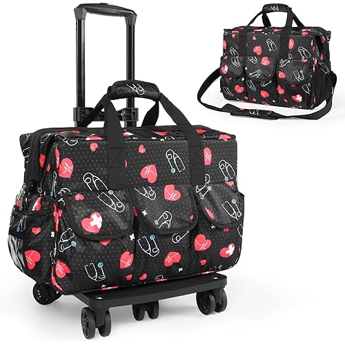 Nurse Rolling Medical Duffle Bag Work Nursing Clinical Home Health Cna Nr Gift Carry On Bag Wheel Doctor Emt Ems Healthcare (black and red)