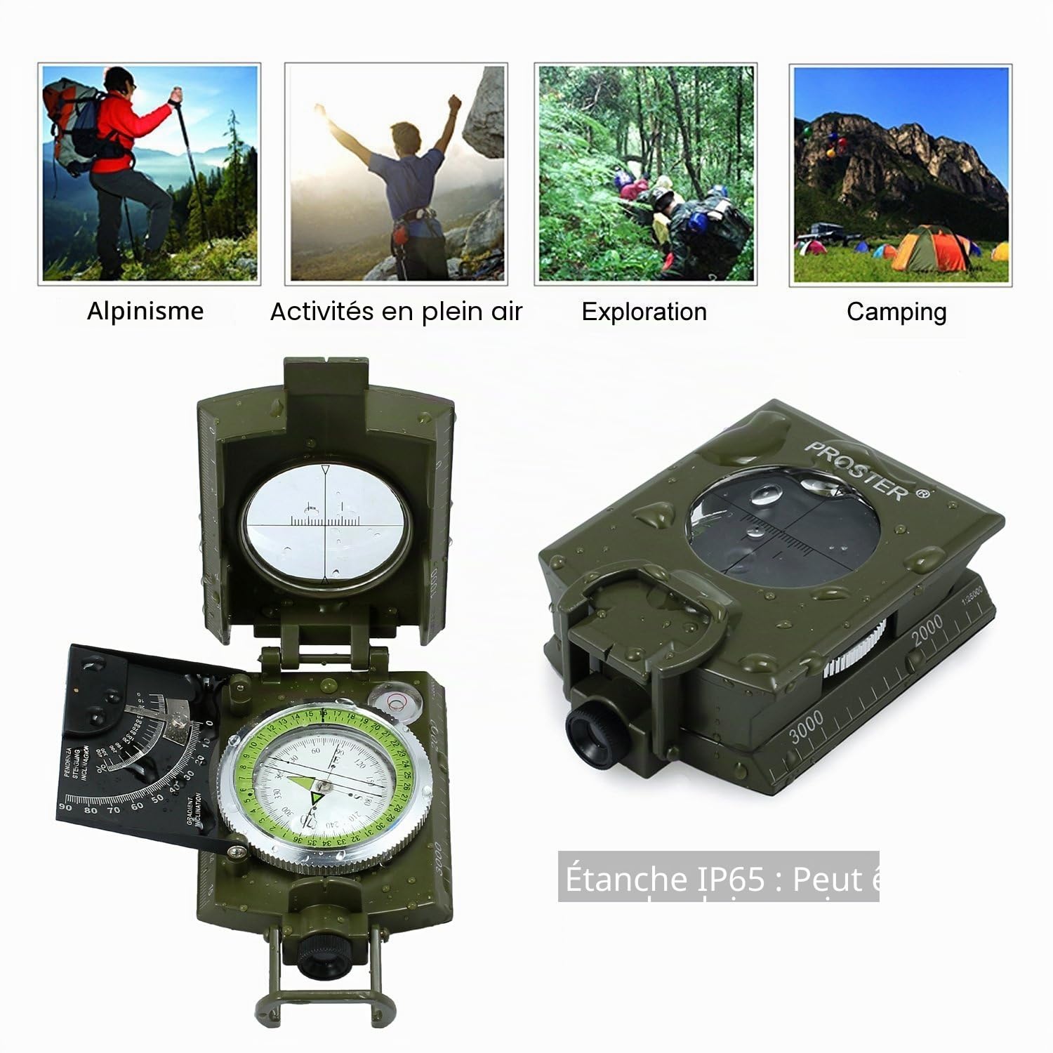 Proster Boussole de Randonnée Professionnelle avec Clinomètre – Boussole Militaire Étanche IP65 de Navigation et d’Orientation pour Camping, Trekking et Activités de Plein Air