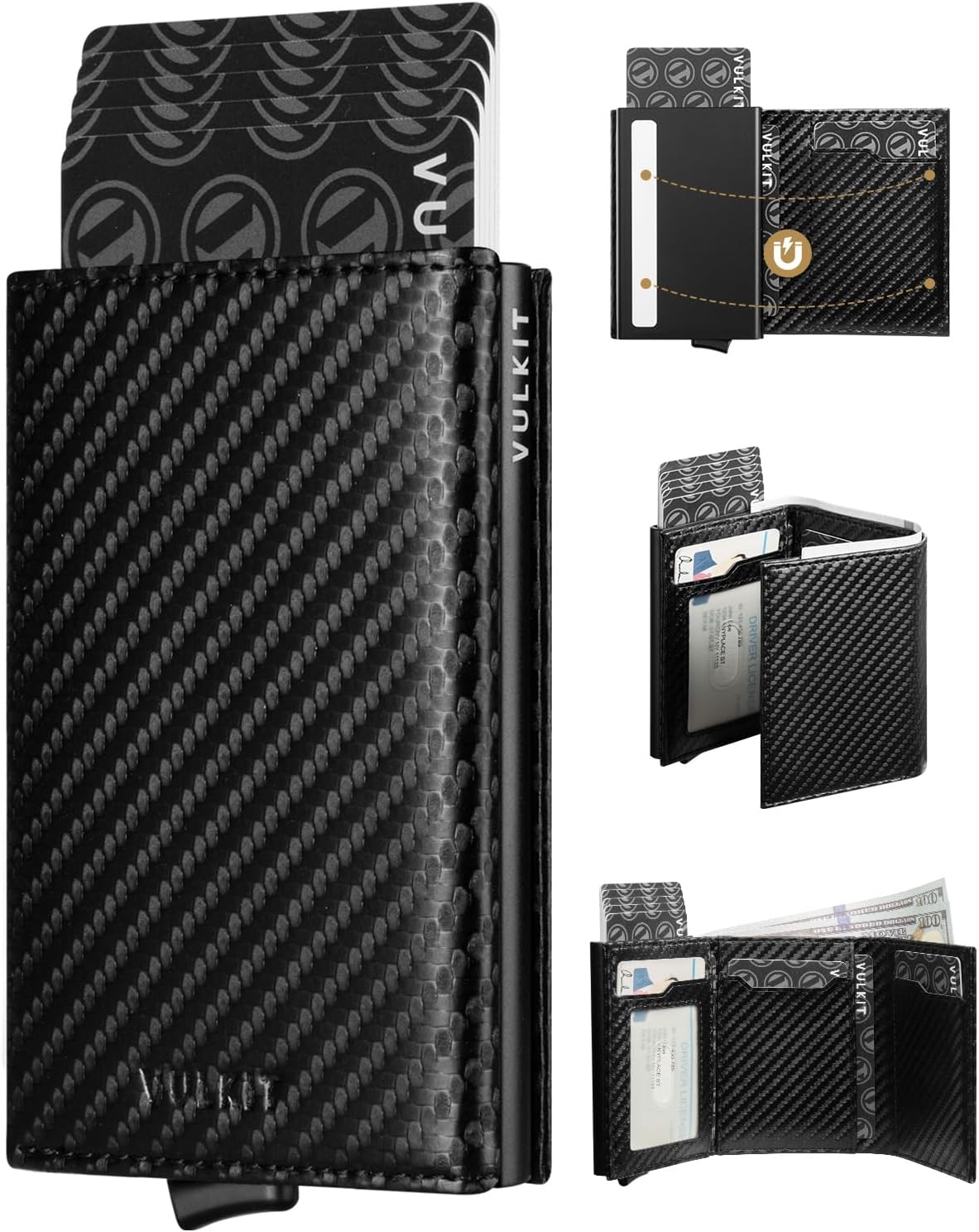 Pop up Card Wallet Minimalist Cash Wallets RFID Blocking Leather Smart Credit Card Holder with ID window for Men (Carbon Black)