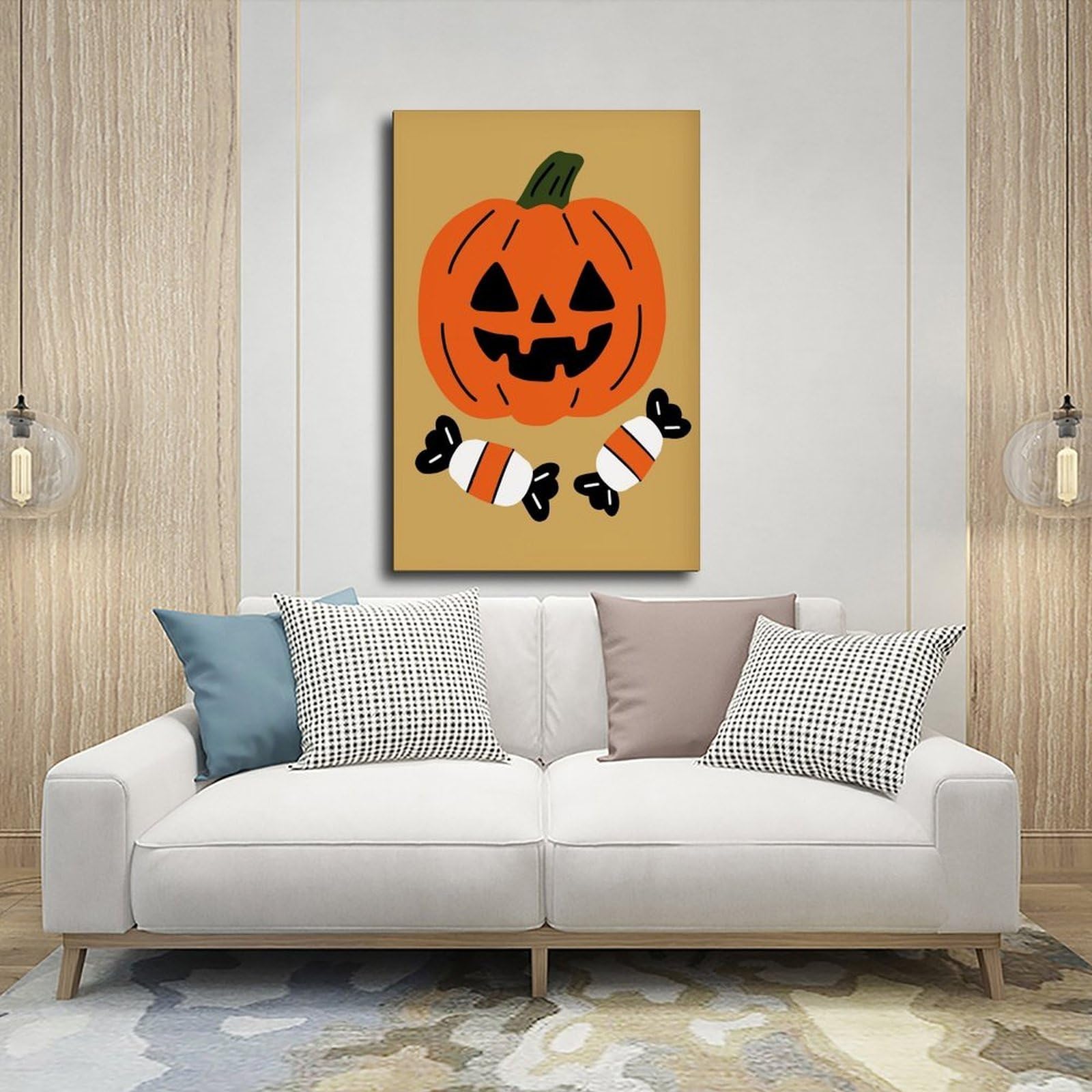 Lienzo minimalista con diseño de calabaza, caramelo, Halloween, Jack-o'-lantern y caramelos, dulce o truco, naranja, mostaza, arte de pared, pósteres e impresiones estéticas para habitación