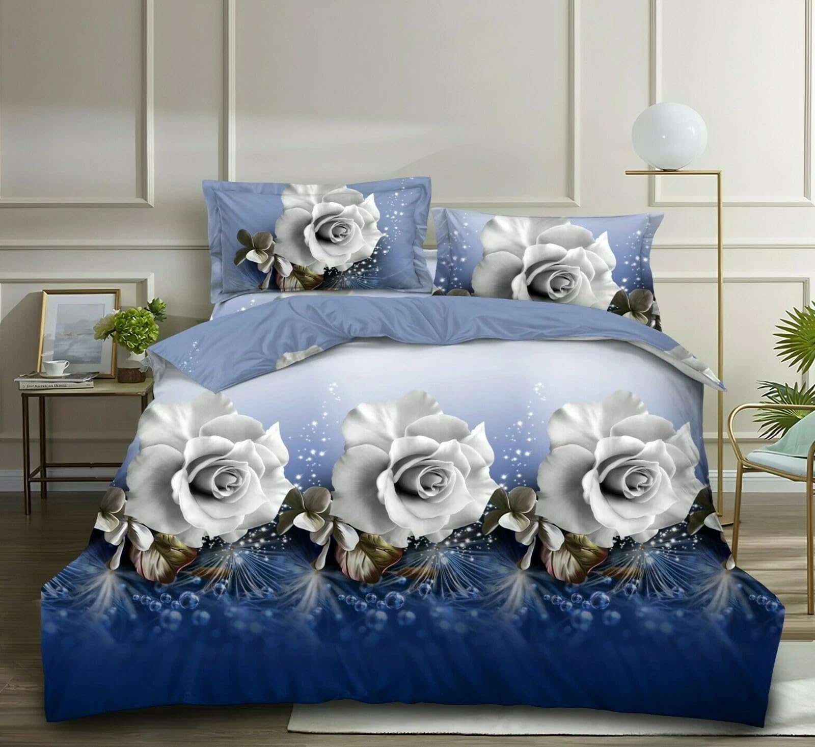 THL 4 Pcs Complete Bedding Set 3D Design Floral Printed Duvet Cover with Fitted Sheet Pillowcases