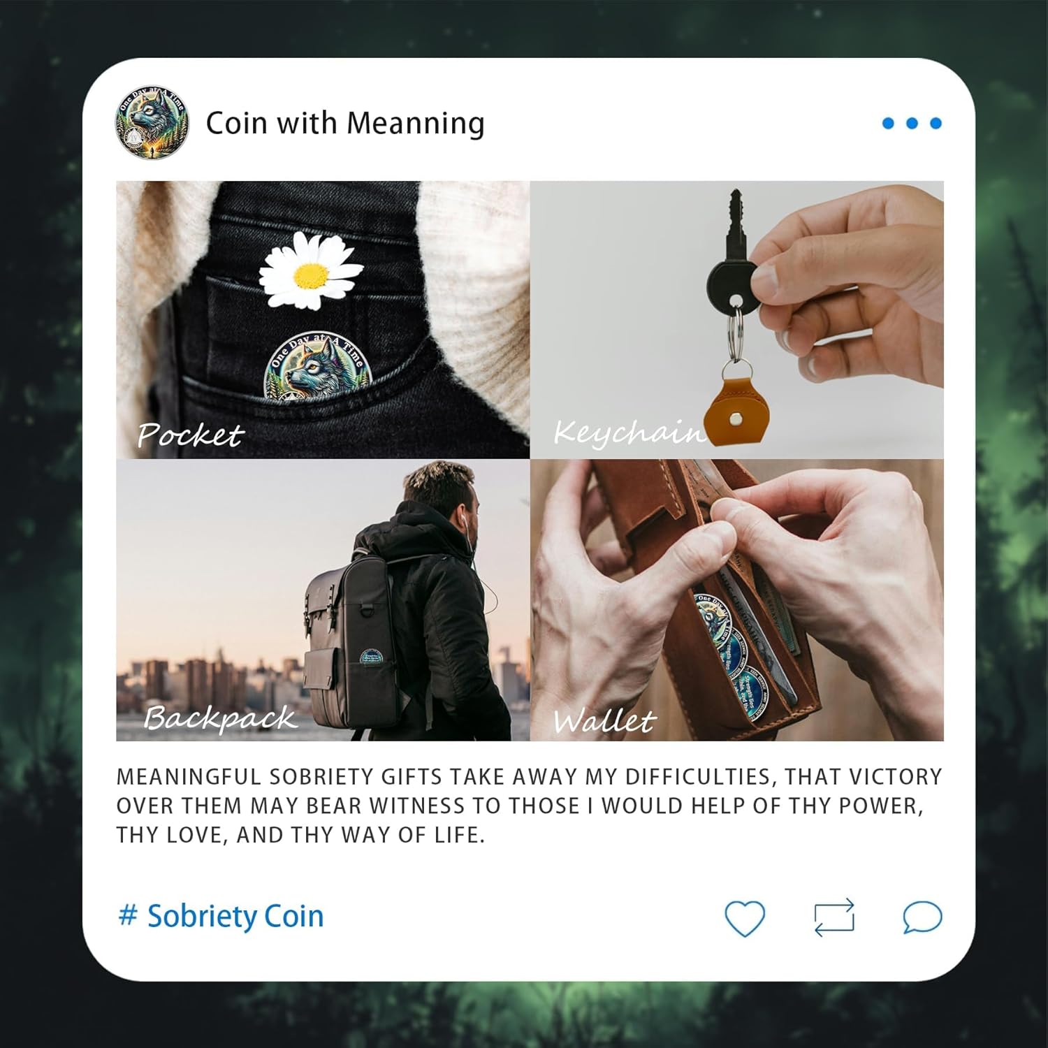 One Day At a Time 4 Year Sobriety Coin - Recovery Aurora Forest Wolf AA Coins - Addiction NA AA Chips and Medallions - Celebrate 1-20 Living Clean Narcotics Alcoholics Anonymous Gifts for Men Women