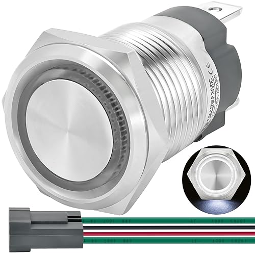 Miniatura 12 de Interruptor de botón ZJWZJH de 15 amperios con pestillo de 0.630 in, impermeable, IP67, 12 V, CC, 24 V, encendido y apagado, luz LED azul