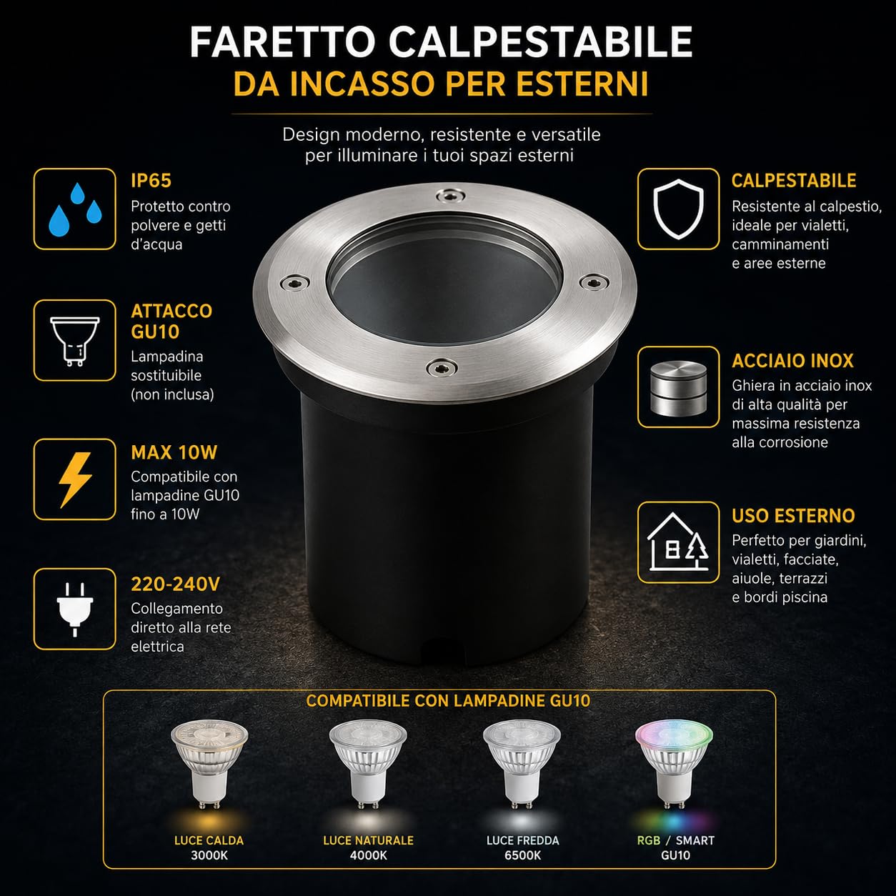 Faretto Calpestabile tondo GU10 da Incasso per Esterno IP65 Acciaio Inox 220V per Vialetti Giardini (4 pezzi)