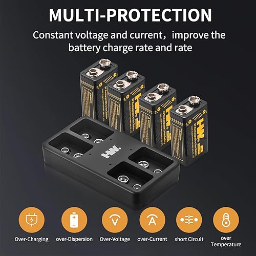 Miniatura 5 de HW Baterías recargables de 9 V, paquete de 4 baterías recargables de iones de litio de alto rendimiento de 9 voltios con cargador, recarga hasta