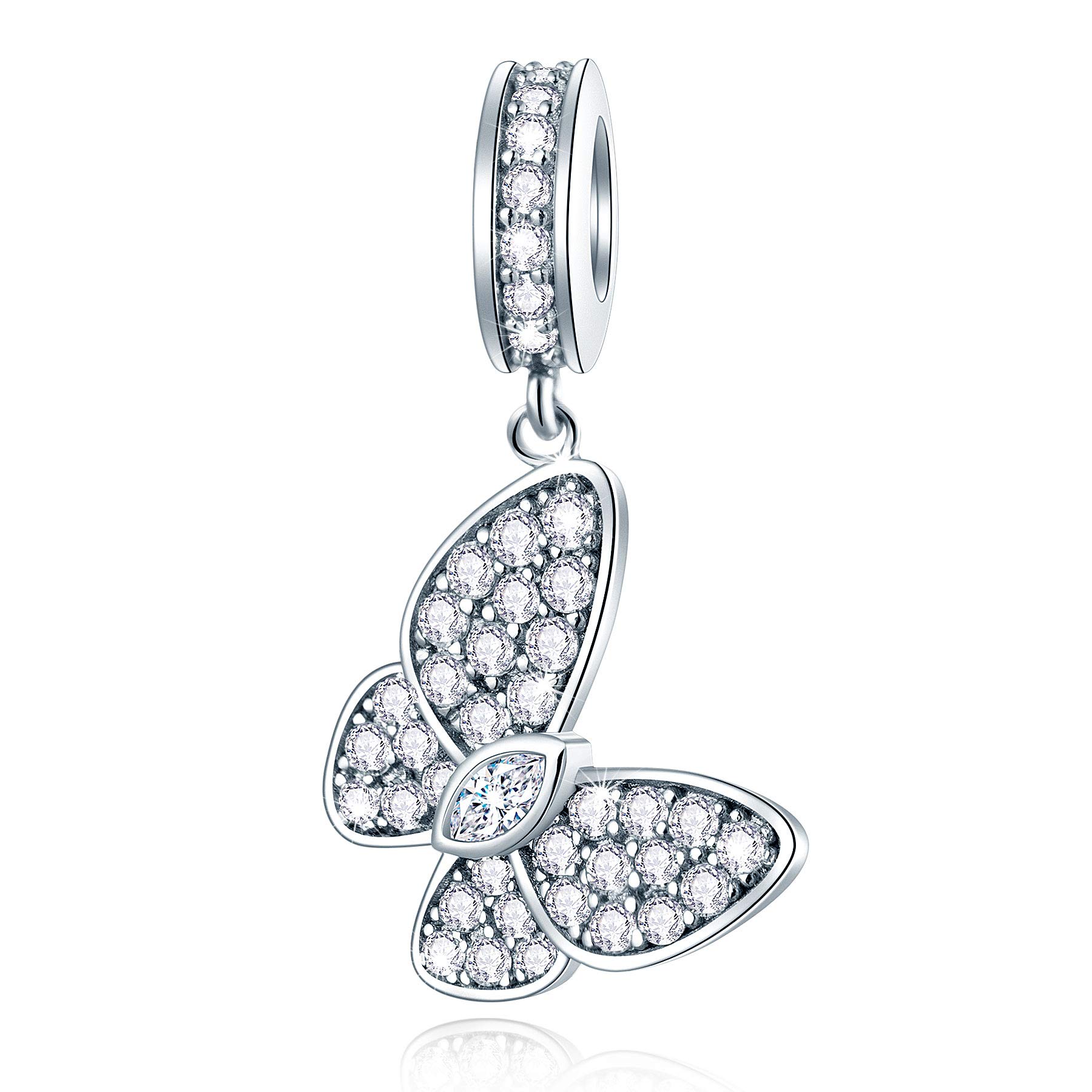 Sambaah Butterfly Charm Sterling Silver Enameled Lucky Charm Bead Heart Shaped Dangel Pendant with Cubic Zirconia for Women Bracelets