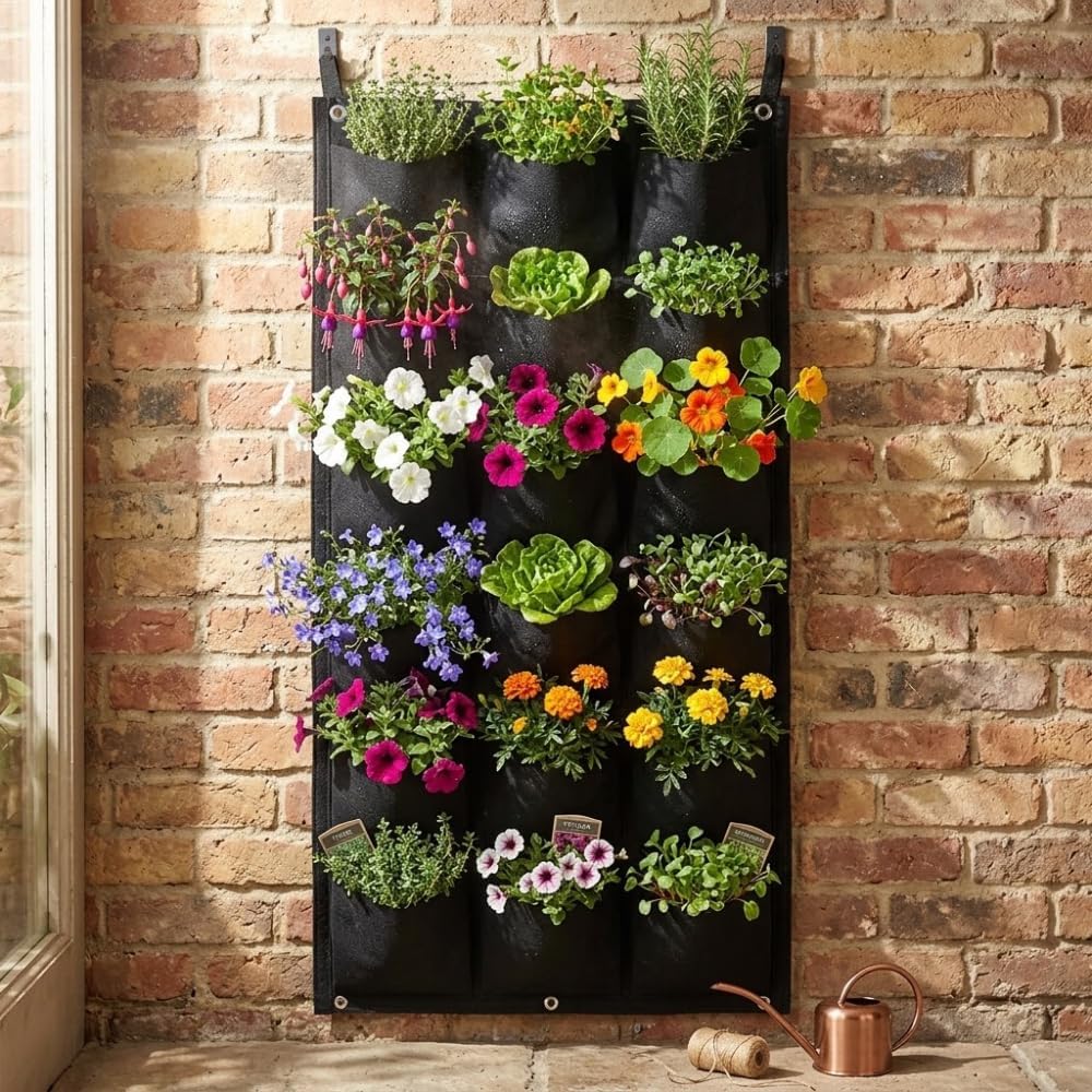 Bag, Felt Wall Garden Grow Bag with 12/16 /18 Pockets and Metal Grommets for Indoor Outdoor Flowers, Herbs and Vegetable Planting Use(50cm*1meter)