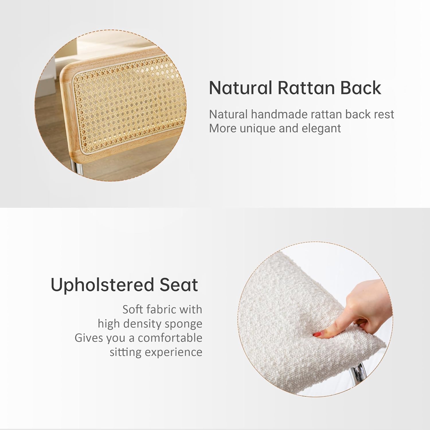 ONEVOG Rattan Dining Chairs with Cane Backrest and Metal Legs, Upholstered Comfy Chair for Patio, Bedroom, Kitchen, Living Room, Leisure, Set of 4 (Beige)