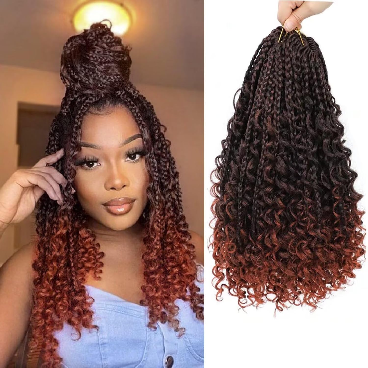 Goddess Bohemian Box Braids Crochet Hair with Curly Ends, 14 Inch 8 Packs Pre Looped 3X Crochet Boho Box Braids Synthetic Braiding Hair Extensions for Black Women (#T1B/Purple)