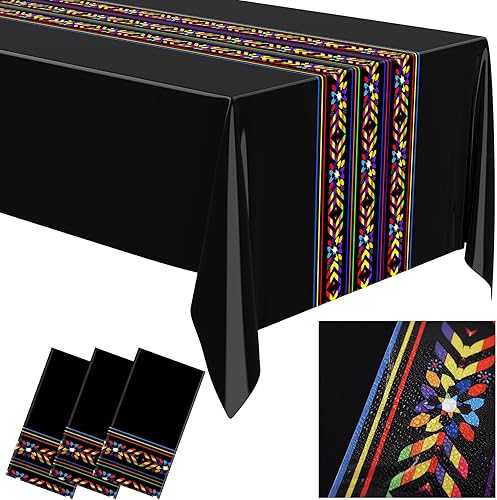 Miniatura 7 de Oudain Mantel de plástico para fiesta mexicana, 6 unidades, 108 x 54 pulgadas, tejido arcoíris, desechable, impermeable, festivo, para decoración de