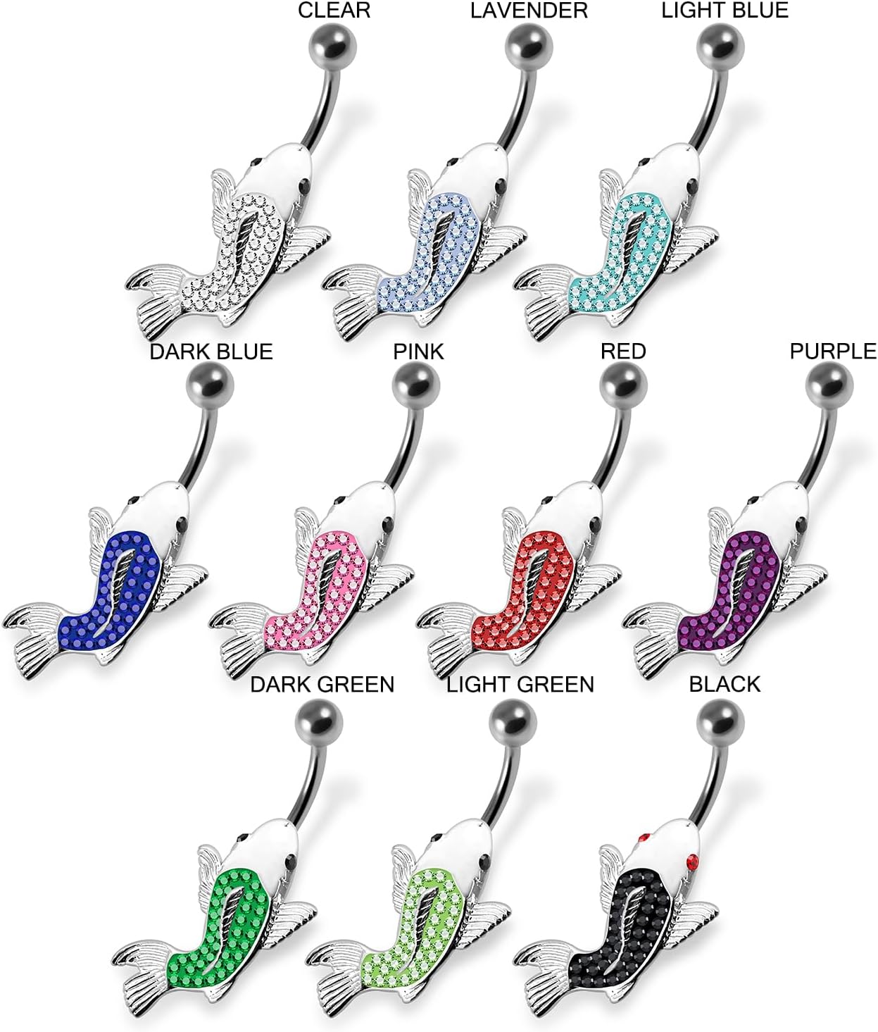 Multi Crystal Gemstone Stylish Colorful koi Fish Design 925 Sterling Silver with Stainless Steel Belly Ring - Belly Button jewelry - Navel jewelry