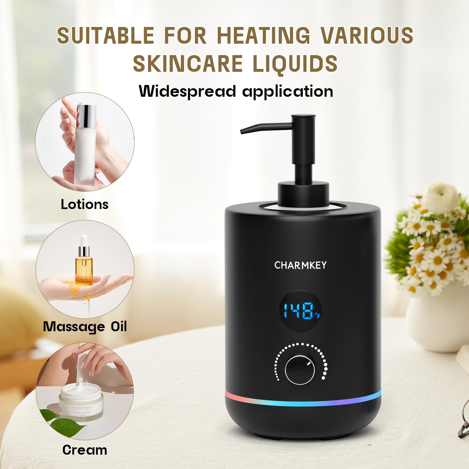 CHARMKEY Calentador de aceite de masaje para spa, dispensador de 2 botellas, temperatura ajustable (negro)